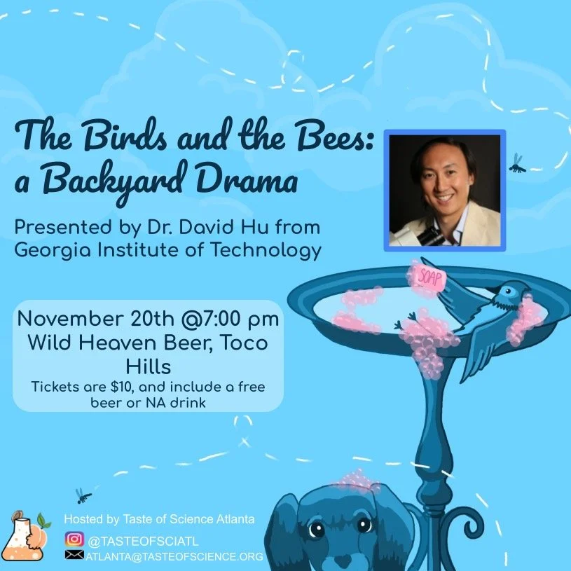 🎉 We&rsquo;re going LIVE! Taste of Science Atlanta is hosting our first-ever in-person event!
From the self-care routines of bees to how horses whip their tails, Dr. David Hu (Georgia Tech) studies the fascinating physics behind animal behavior and 