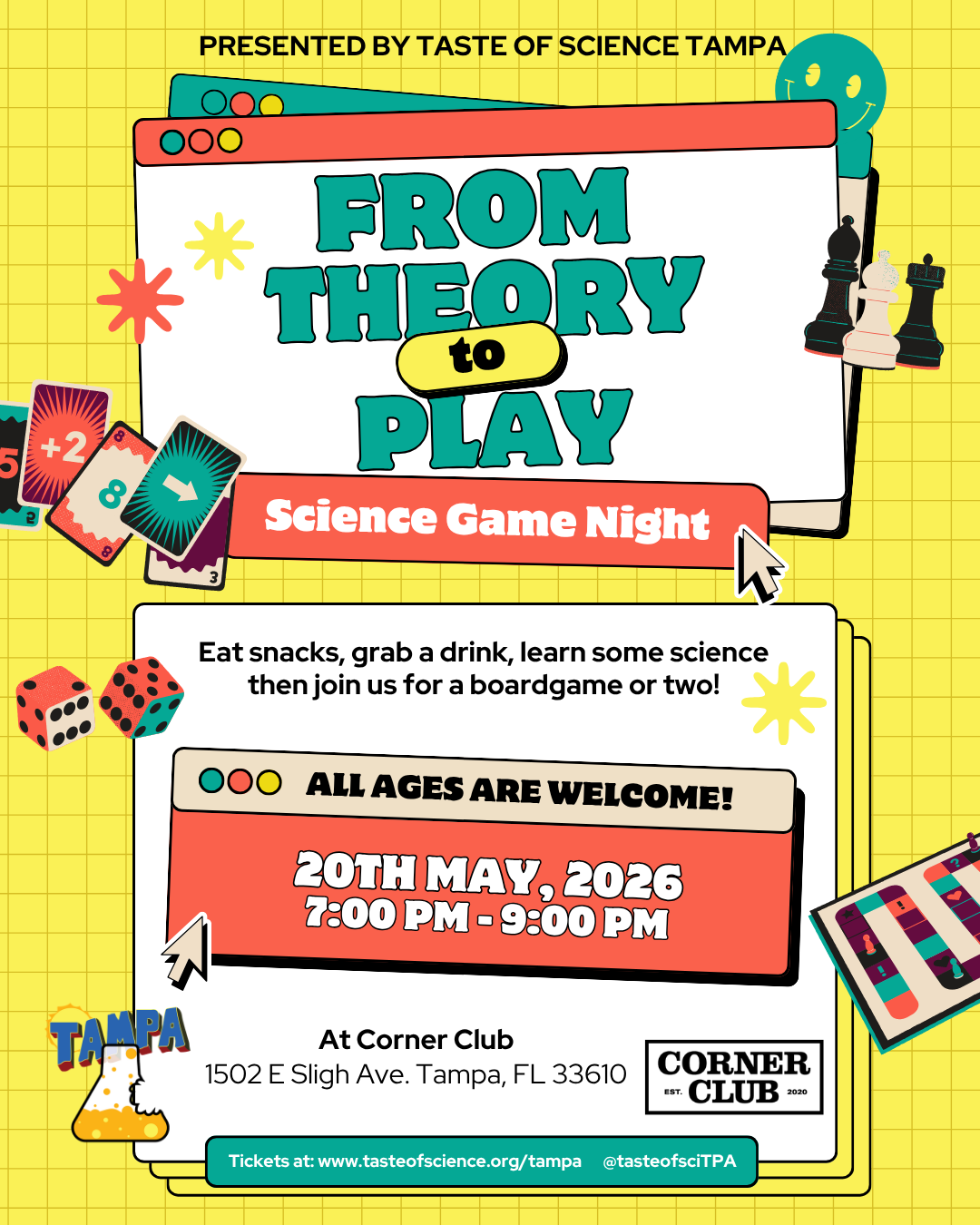 A flyer with the event details and a design with different card and board games