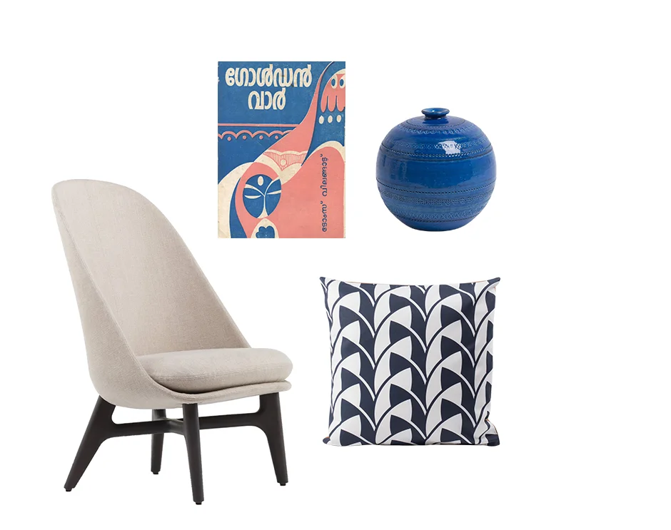 Solo chair by Neri & Hu for De La Espada Ball Vase by Bitossi Ceramiche Vintage Indian Book Cover Leaf cushion by All The Fruits