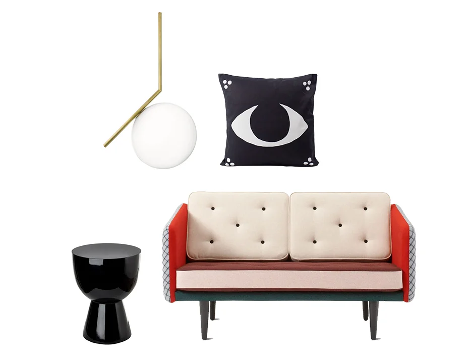 Deity Eye cushion by All The Fruits Tam Tam stool by Pols Potten IC Light S pendant light by Michael Anastassiades for Flos No. 1 two-seater sofa by Børge Mogensen for Fredericia (The Fringy Edition by Henrik Vibskov)