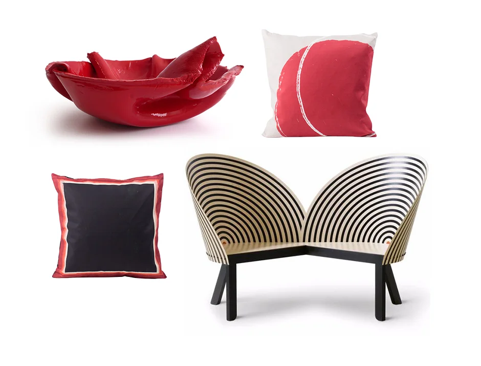 Frame cushion by All The Fruits Bench for Two by Nanna Ditzel for Fredericia Orchid Bowl by Fredrikson Stallard Red Balloon cushion by All The Fruits
