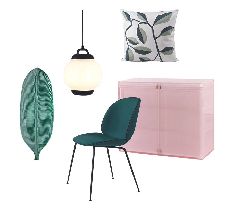 Banano 2 plate by Bosa Esper pendant light by Roll & Hill Beetle chair by GamFratesi for Gubi Olivo cushion by All The Fruits Frozen cabinet by Studio Wieki Somers