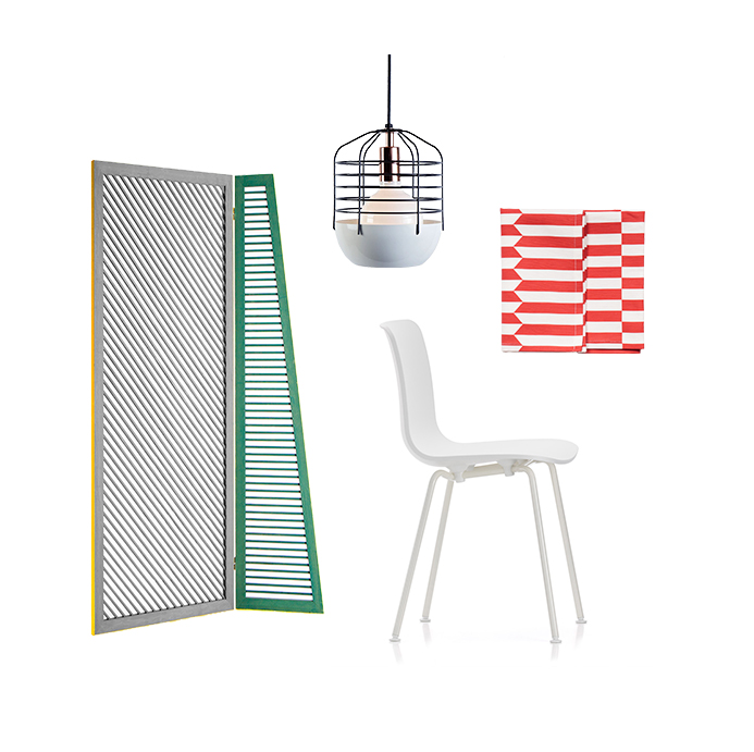 Gelosia screen by Studiopepe for Spotti Milano Bluff City pendant light by Jonah Takagi for Roll & Hill Hal chair by Jasper Morrison for Vitra Lotta tea towel by All The Fruits
