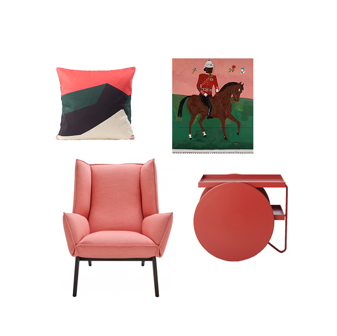 Sonia cushion by All The Fruits Toa armchair by Rémi Bouchaniche for Ligne Roset 'As He Bowed His Head To Drink’ by Danny Fox, 2015 Chariot tray by GamFratesi for Casamania
