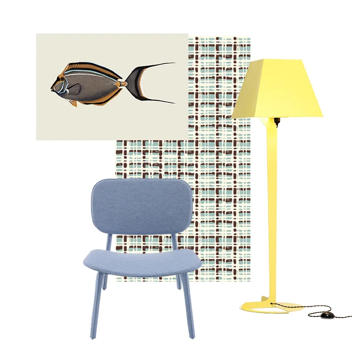 Striped-face Unicorn Fish by Cristina Amodeo Felt chair by Delo Lindo for Ligne Roset Bouclè Wallpaper by All The Fruits Fold floor lamp by Alexander Taylor for Established & Sons