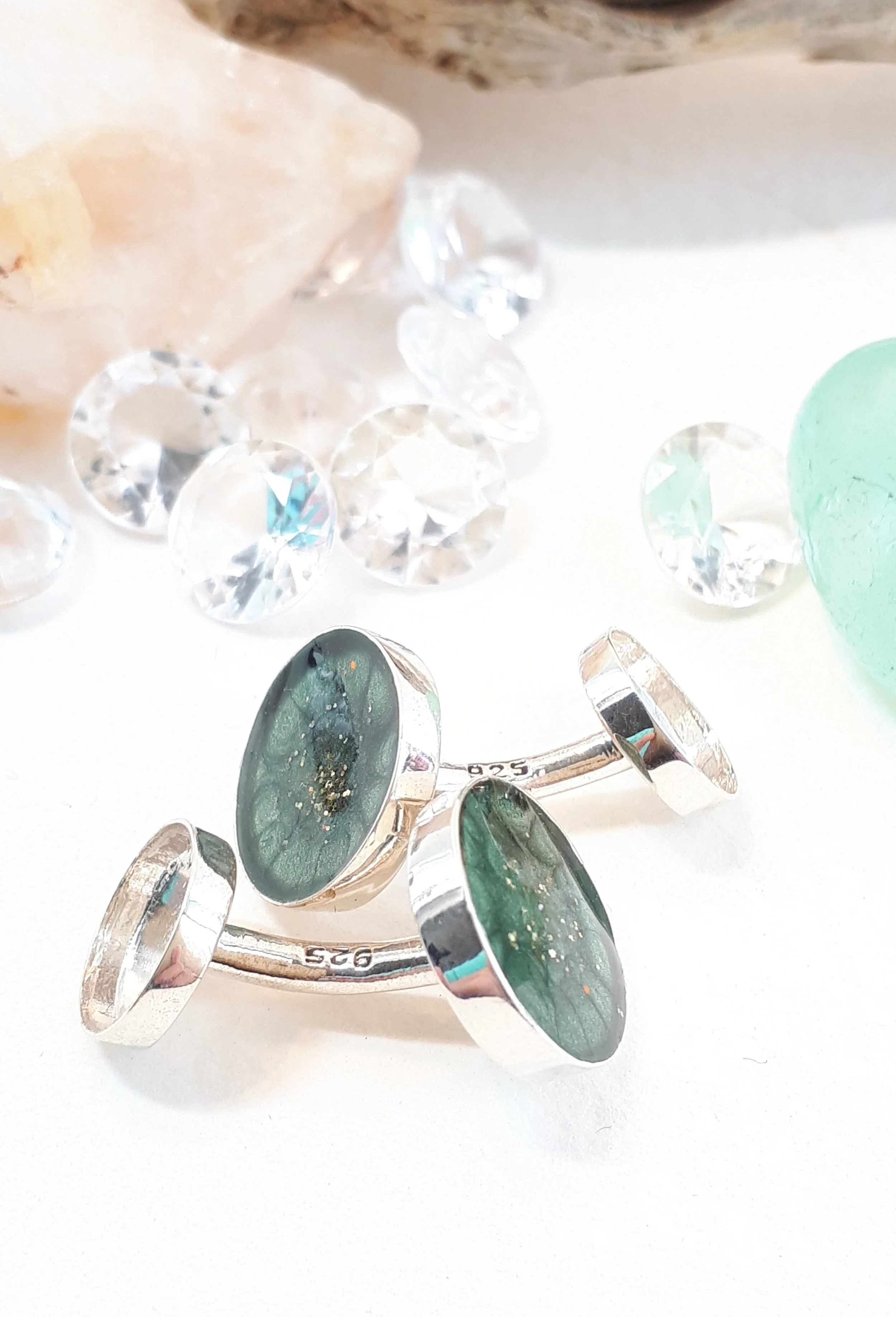 Stunning Deep Set Solid Silver Enamel Cufflinks. Cremation ashes and pet fur piece.