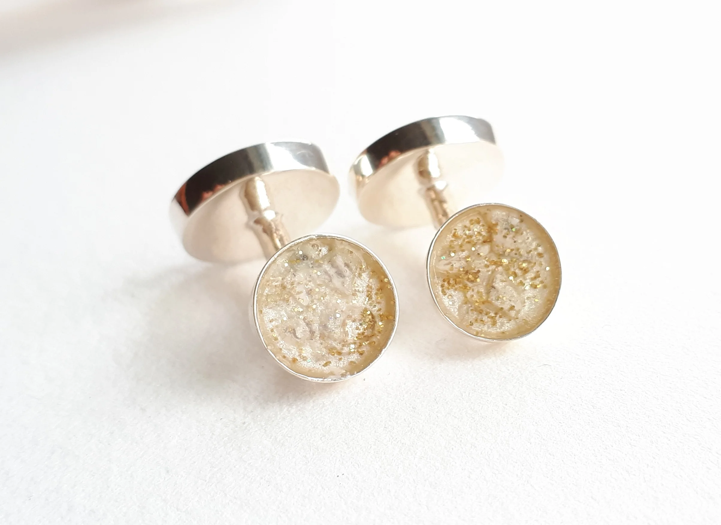 Stunning Deep Set Solid Silver Enamel Cufflinks. Cremation ashes and pet fur piece.