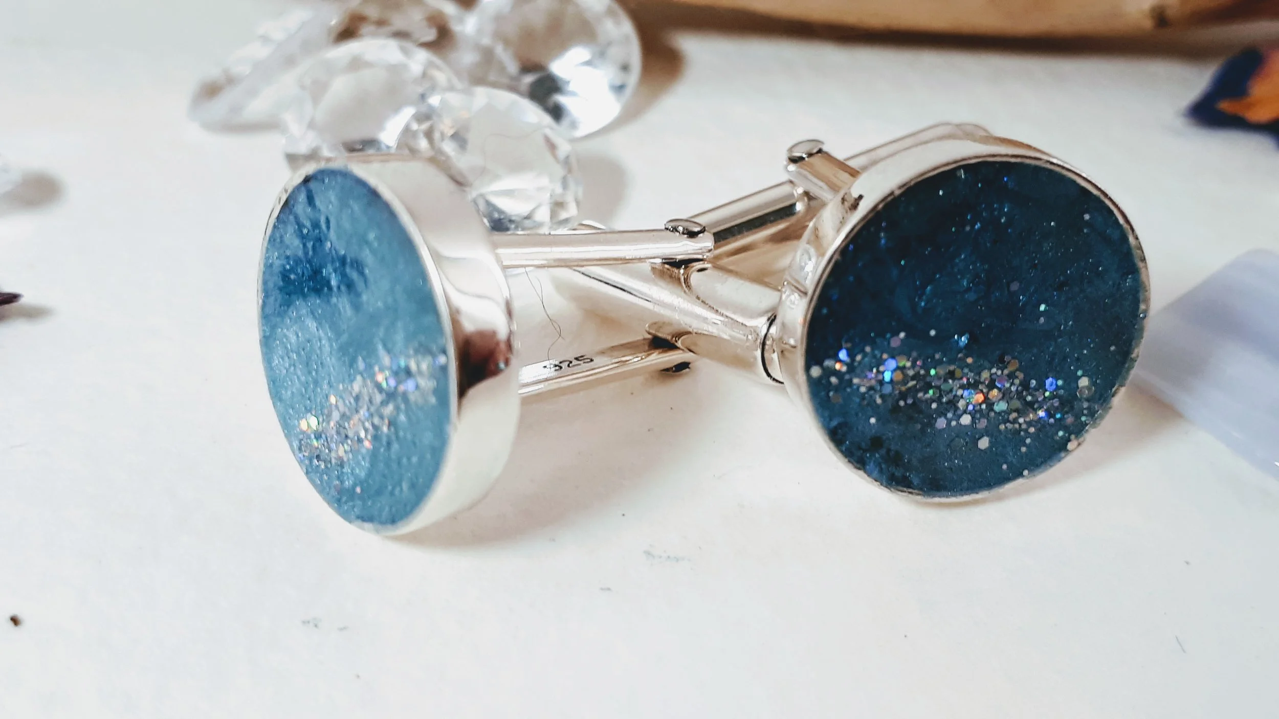 Stunning Deep Set Solid Silver Enamel Cufflinks. Cremation ashes and pet fur piece.