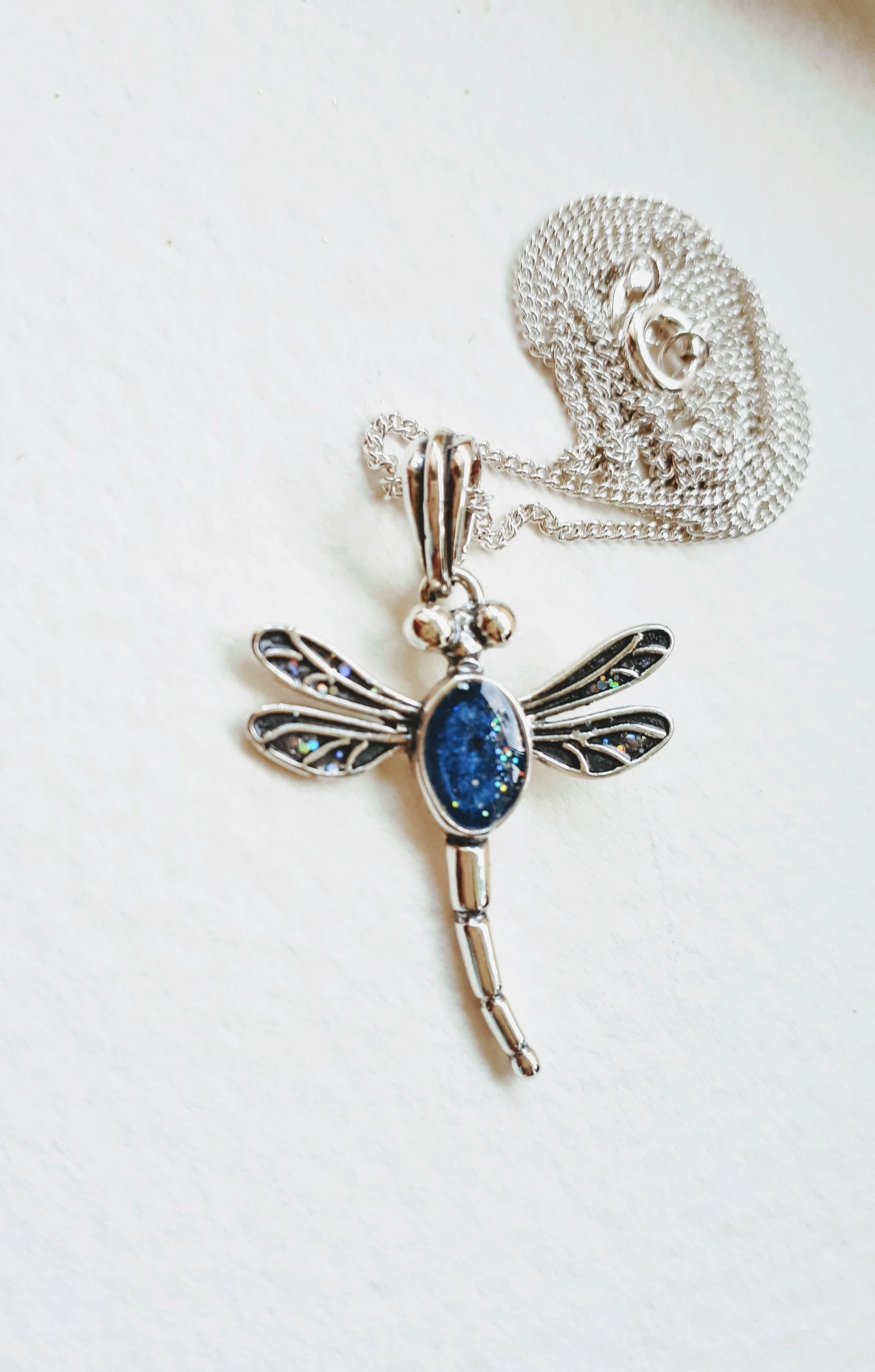 Deep Blue Sterling Silver Enamel DragonFly Pendant. Cremation and Pet ashes piece