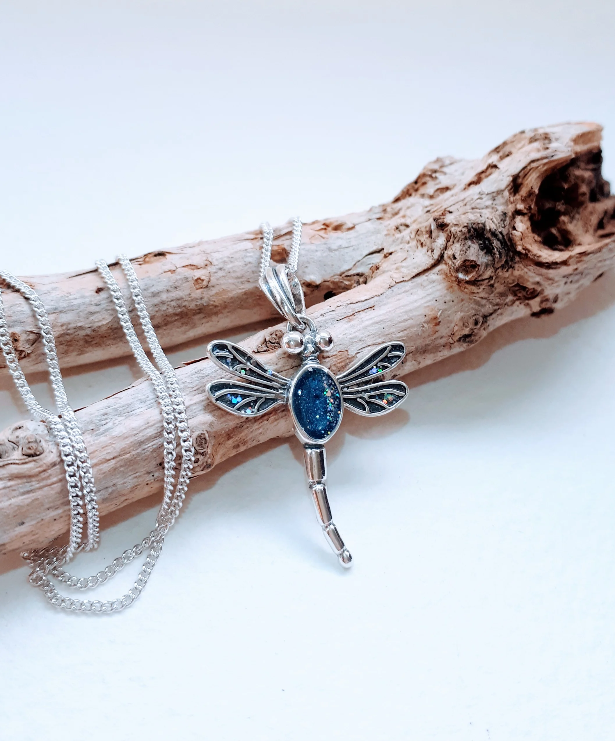 Deep Blue Sterling Silver Enamel DragonFly Pendant. Cremation and Pet ashes piece