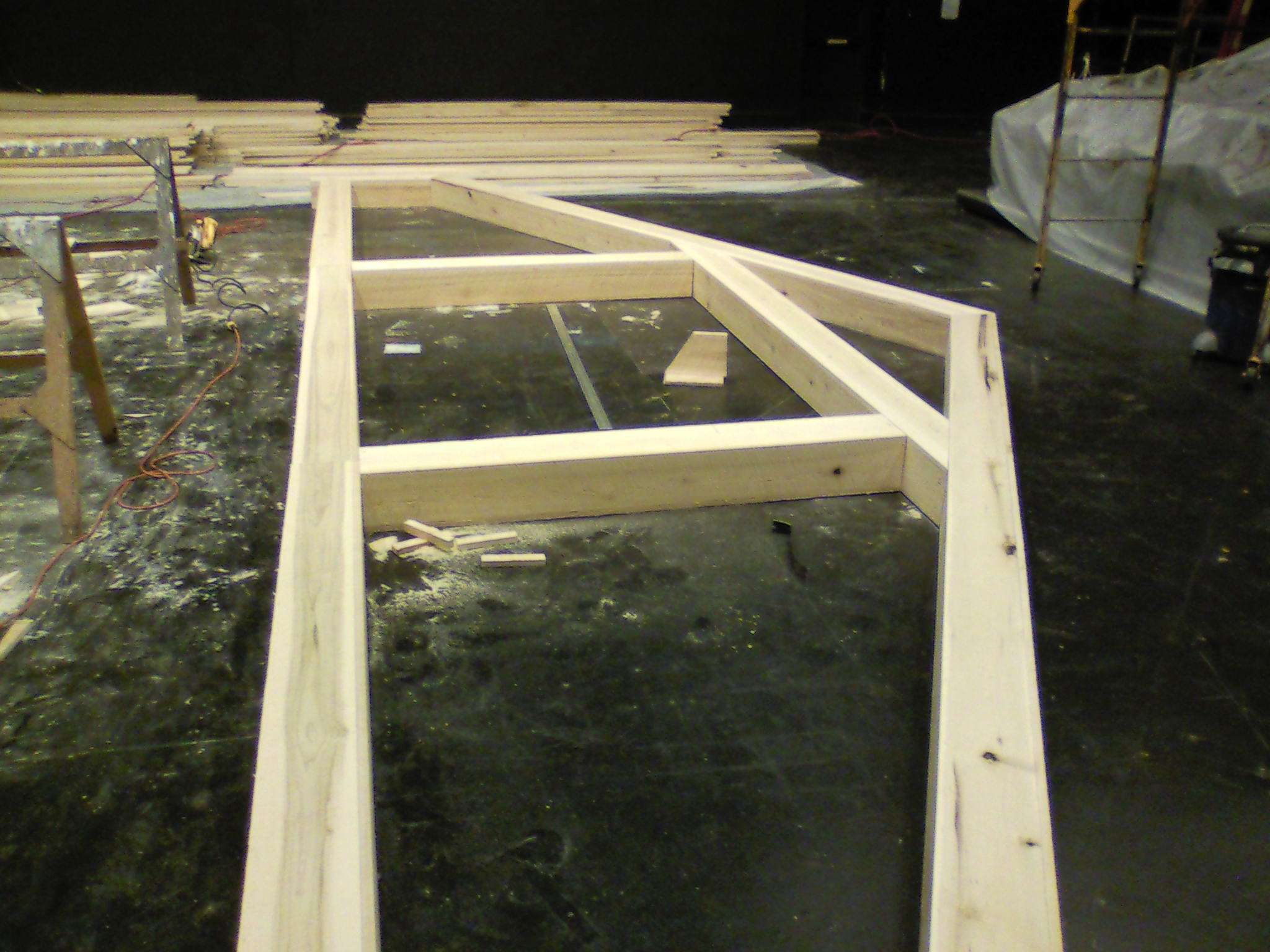   Charlotte's Web  set under construction.  Almost all parts of this set were made with fresh, rough cut Poplar. &nbsp;Posts and trusses were made in the hollow box style. 