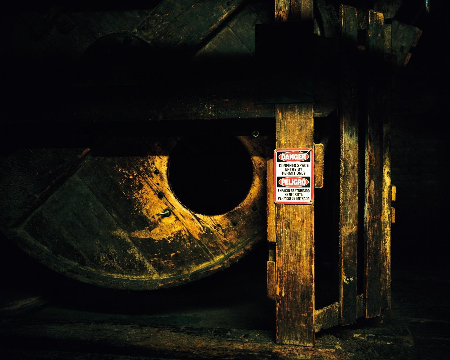 One of the wooden drums on the third floor. This is a &ldquo;dry mill&rdquo; that is used to add texture and/or soften leather. The longer leather is milled, the softer snd more textured it becomes.