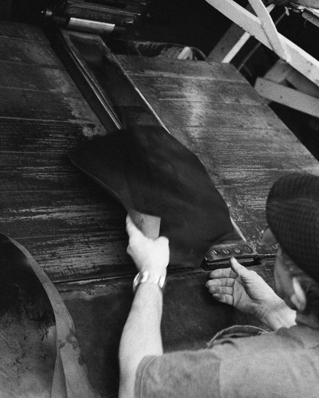 Looking over Preacher&rsquo;s shoulder as he rolls shell cordovan. This rolling jack uses a steel roller to smooth and flatten the leather - glazing is accomplished on another piece of equipment with a glass rod.