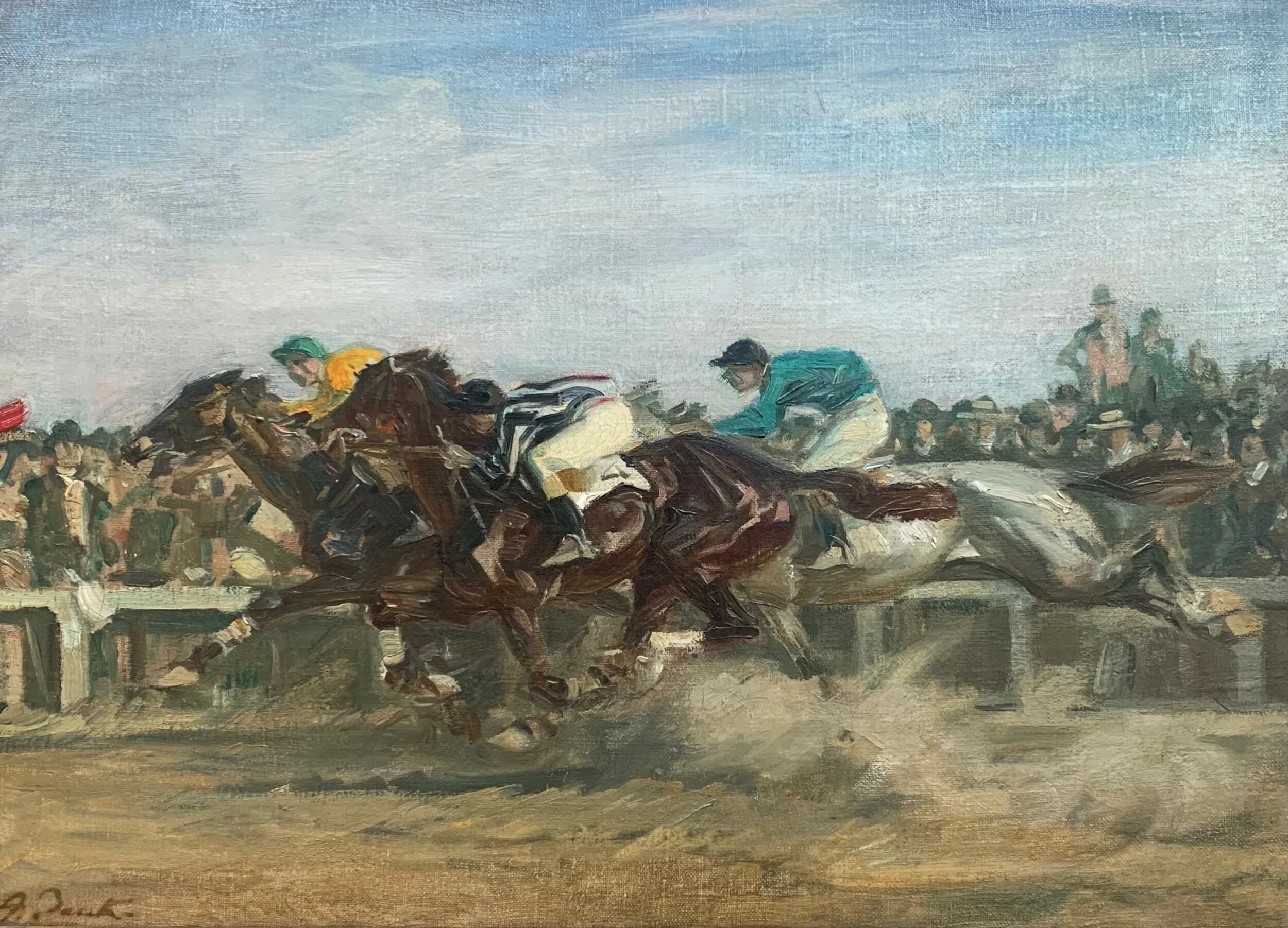 Angelo Jank Horse Race Signed Oil Painting