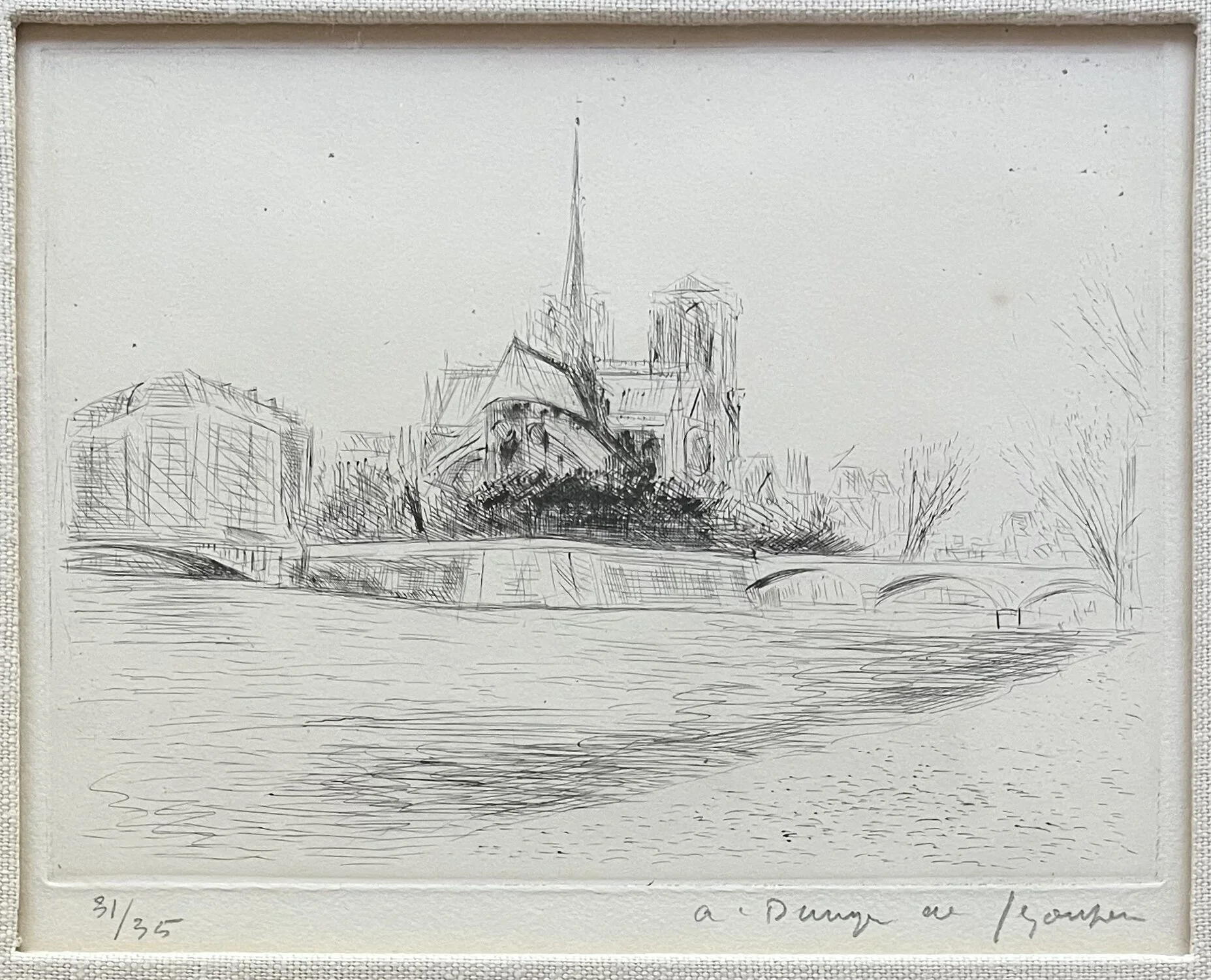 André Dunoyer de Segonzac, Notre Dame, Etching, View from the Seine, ca. 1935