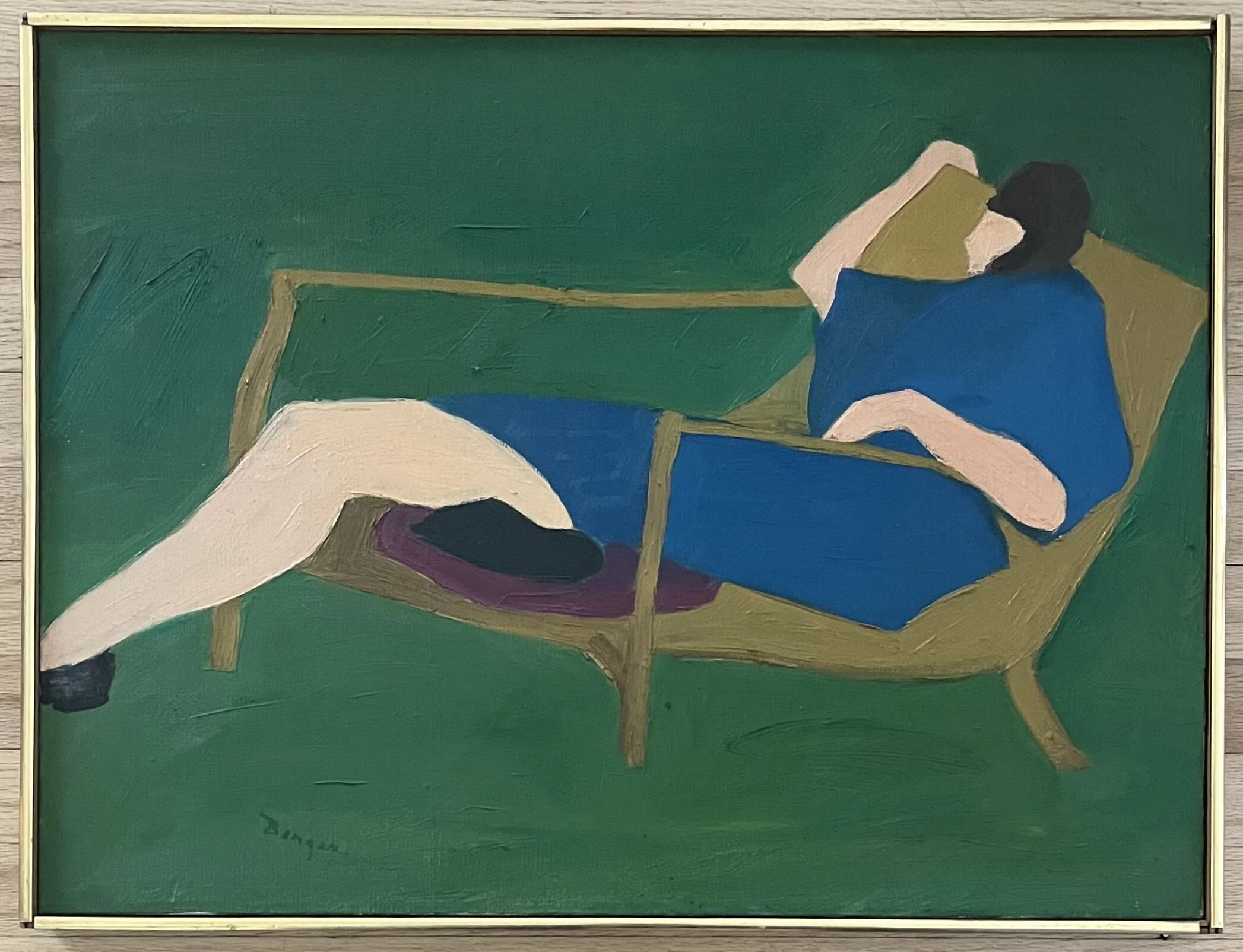 Pat Berger Woman Resting in Danish Armchair, Signed Oil Painting