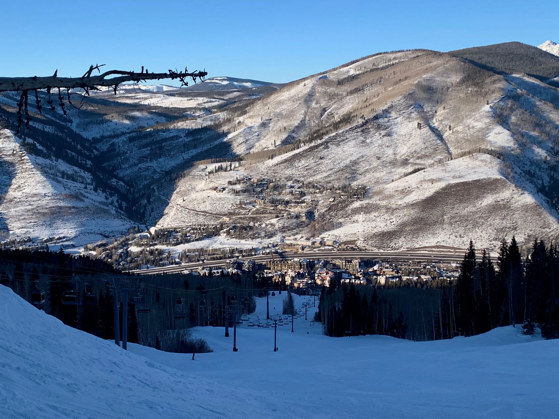 Viewing Vail Village from the slopes on a beautiful blue-sky day.