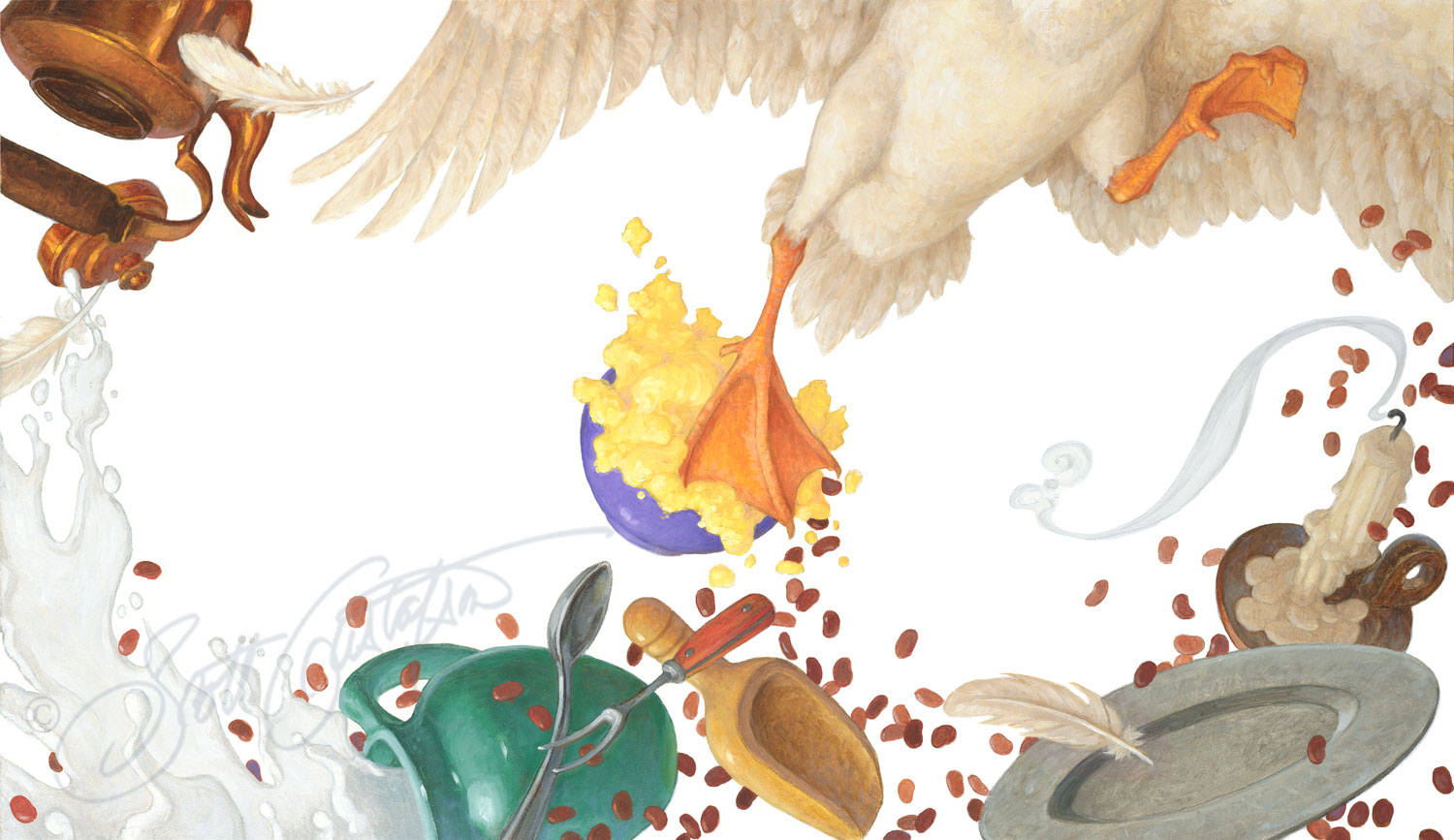 "The Duckling makes a Mess!" - oil on panel, image size approx. 24” x 14”