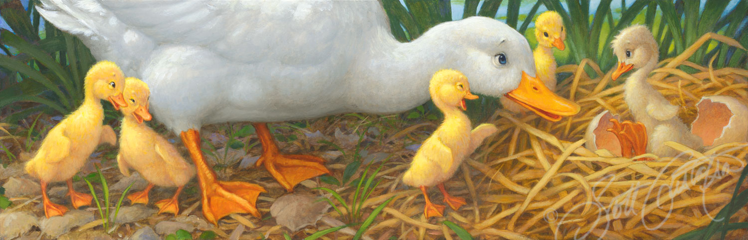 "Mother Duck and her Ducklings" - oil on panel, approx. image size: 24" x 7.75."