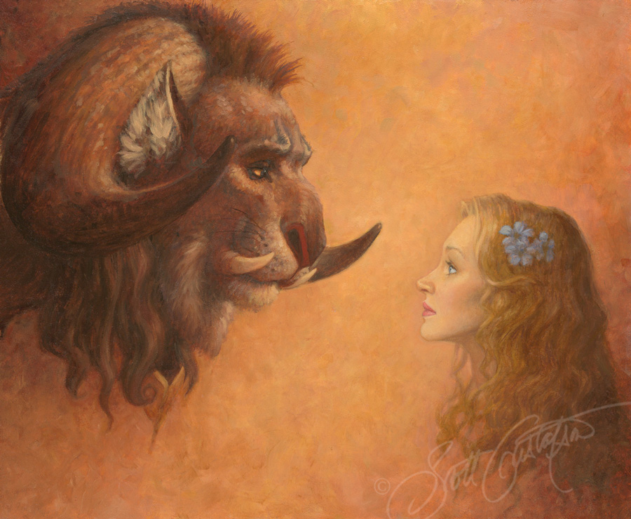 "Beauty Meets the Beast" - oil on panel, image size approx. 30” x 12.”