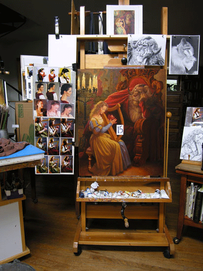 Studio shot - at the easel with reference all around