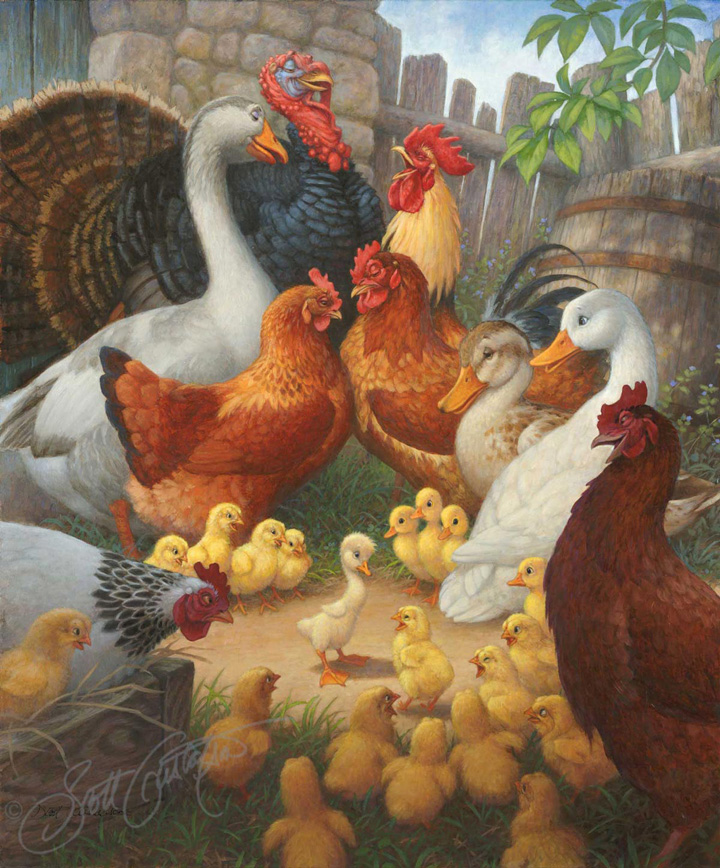 "The Barnyard Scene" from The Ugly Duckling. Oil on panel, approx. image size 20" x 24."