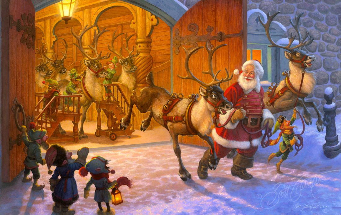 Christmas Eve and Raring to Go!, oil on panel, 38" x 23"