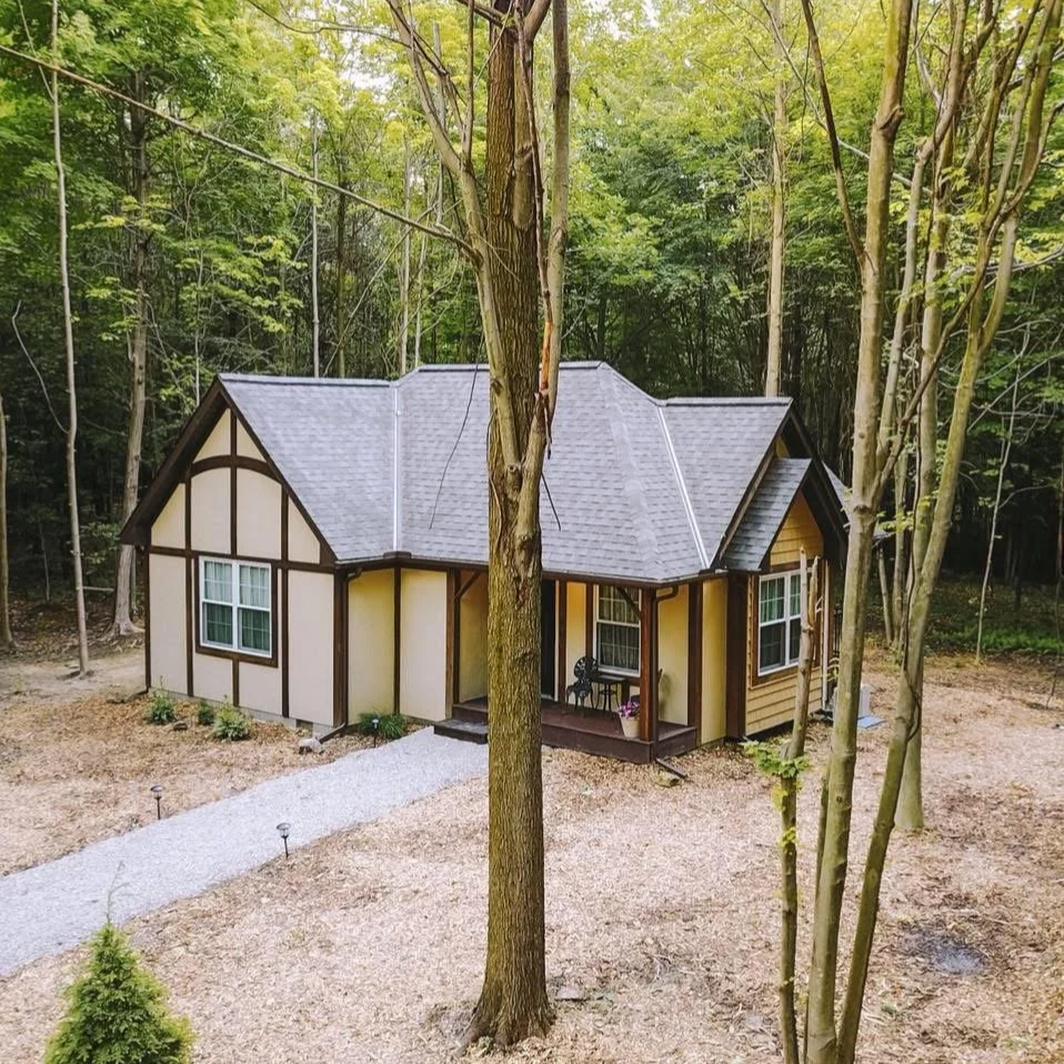 A small house with a gray roof and tan walls with dark brown trim, situated in a wooded area with tall trees surrounding it.