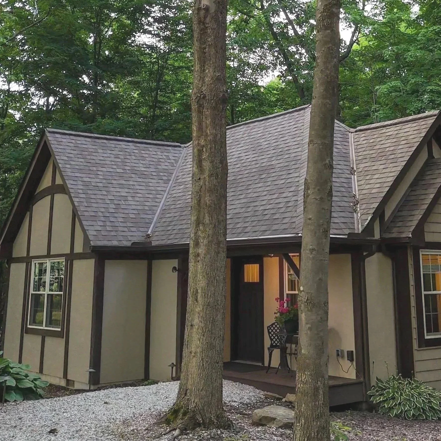 Front view of a house with a driveway, surrounded by trees and greenery.