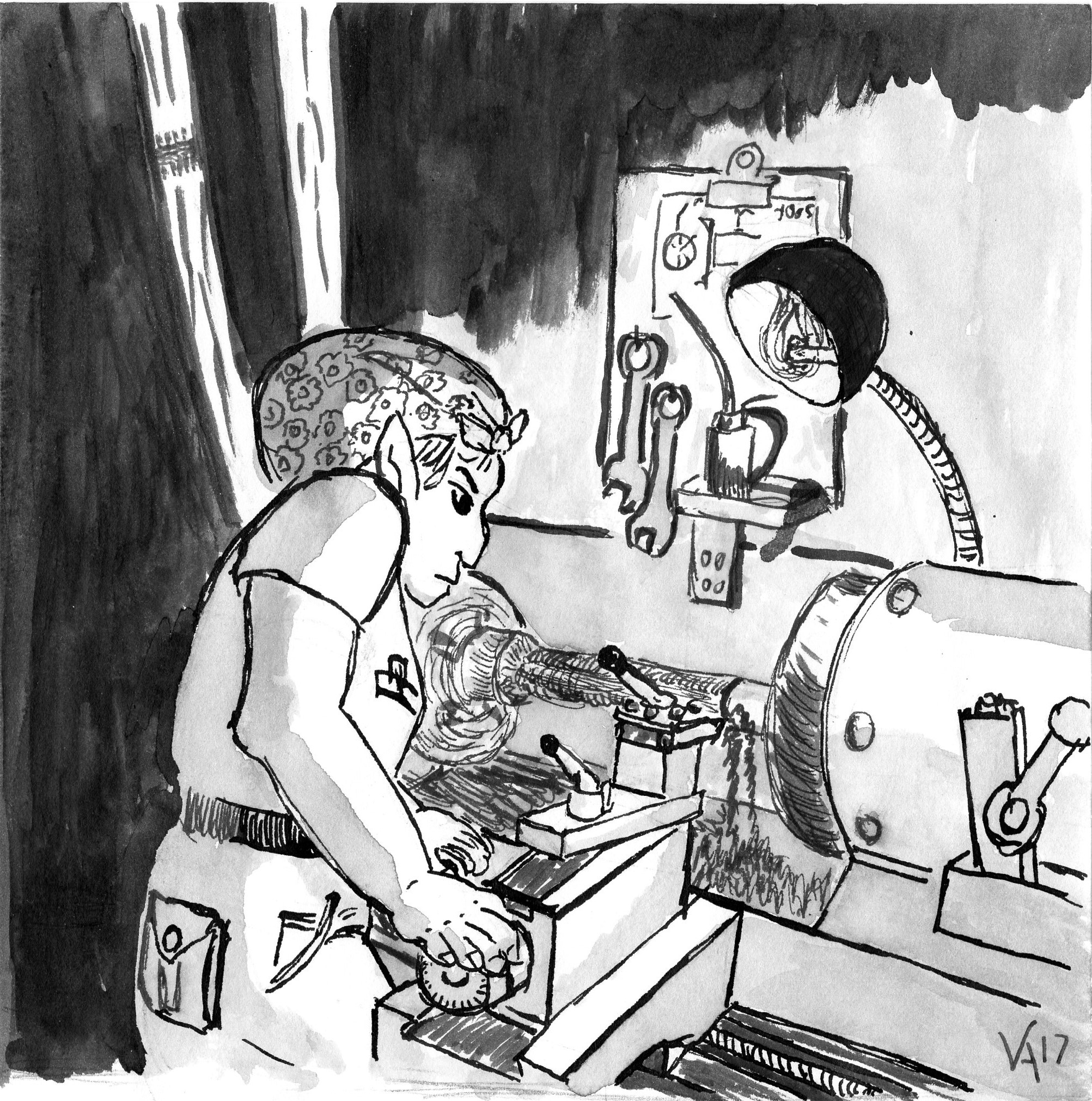 Inktober 2017 (Ada Carborundum at the Lathe) ink on paper