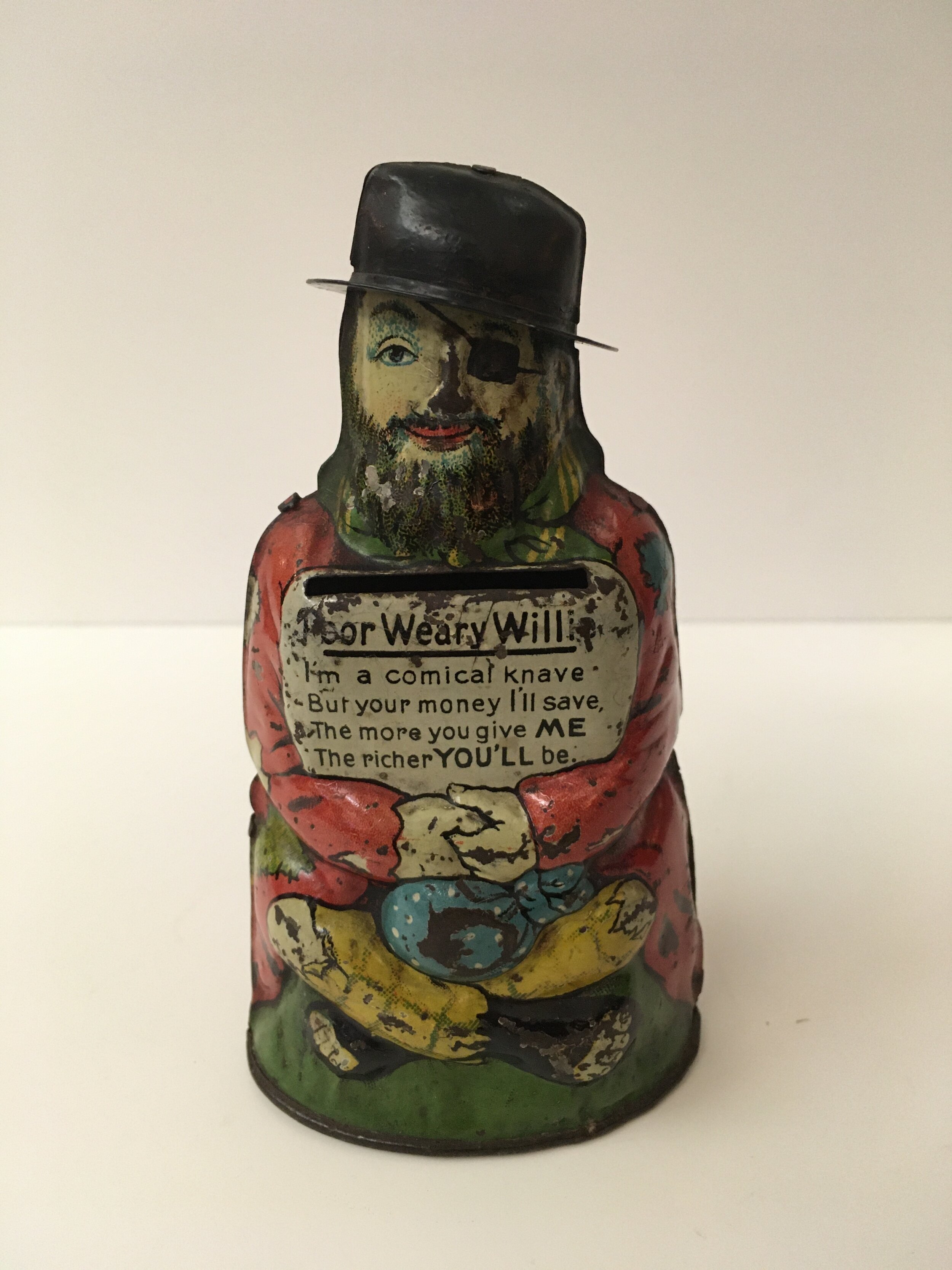 Antique Poor Weary Willie Tin Coin Bank