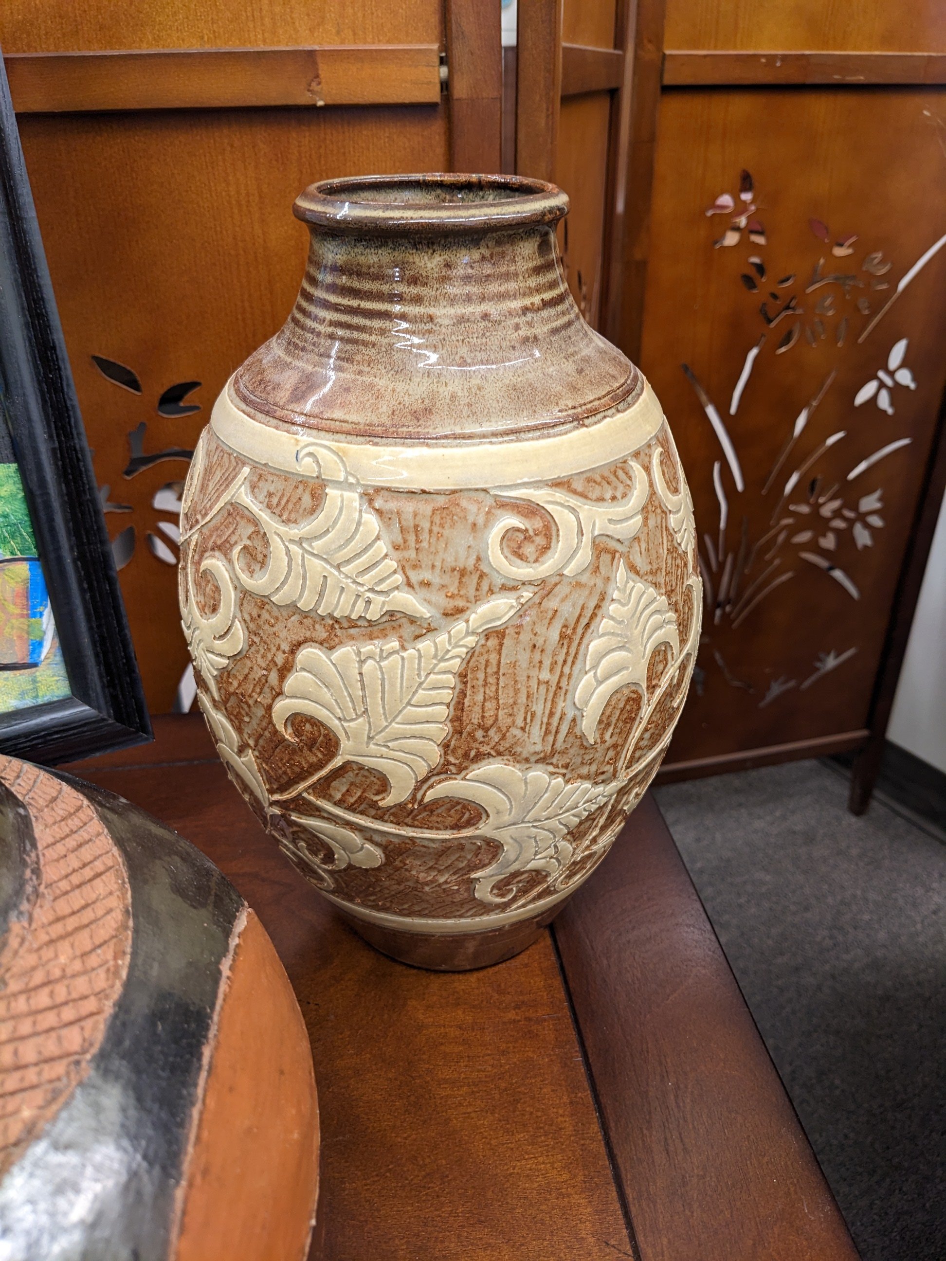 Studio Pottery Vase w/ Floral Overlay