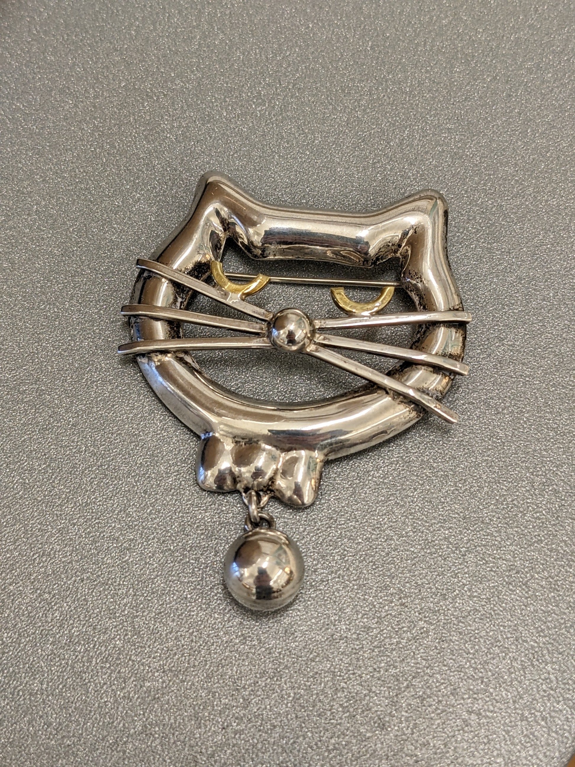 Mexican Sterling Cat Pin w/ Bowtie