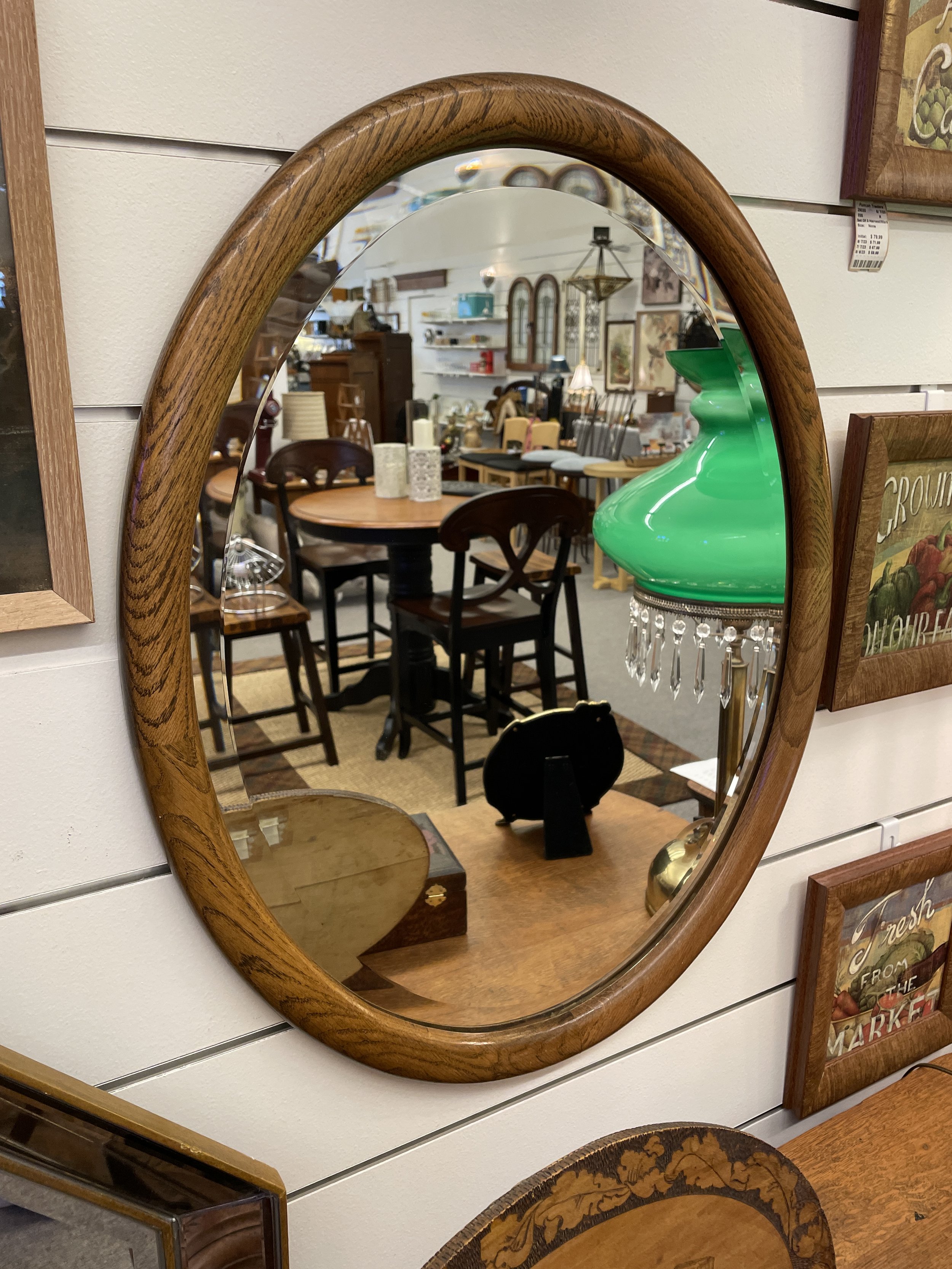 Vtg 31" Oval Oak Beveled Mirror