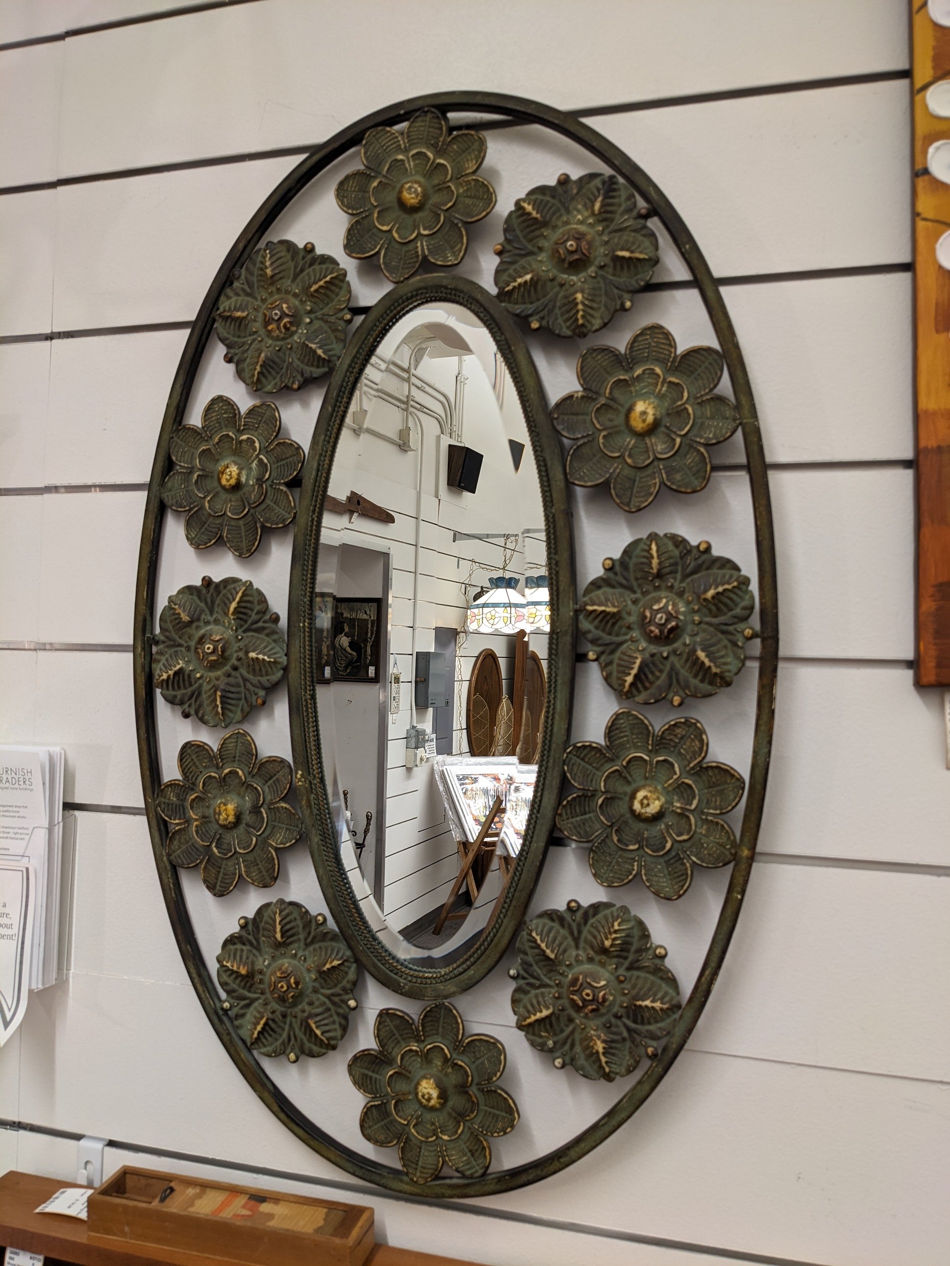 Green Oval Floral Beveled Mirror