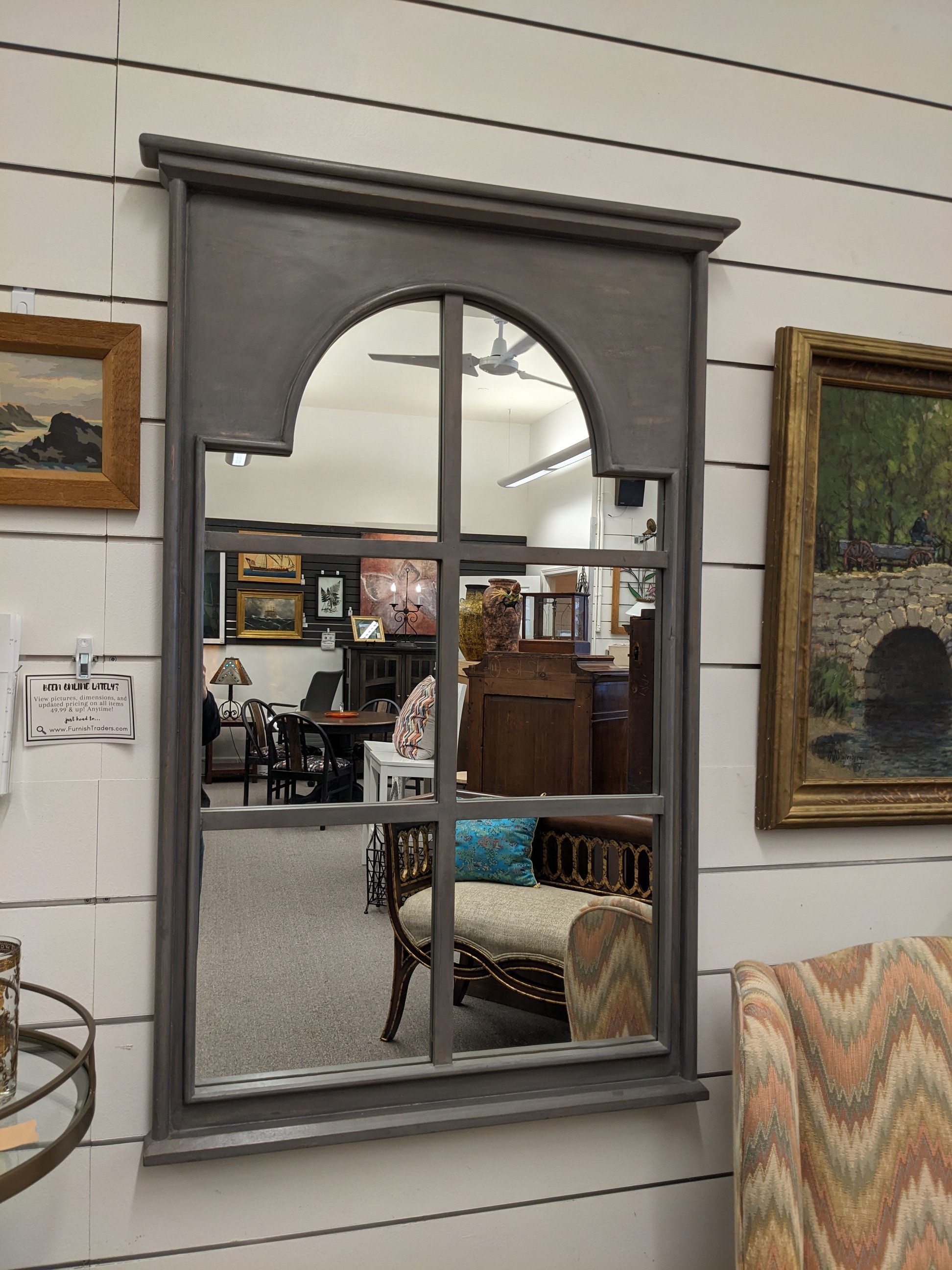 Gray Window Pane Arched Mirror