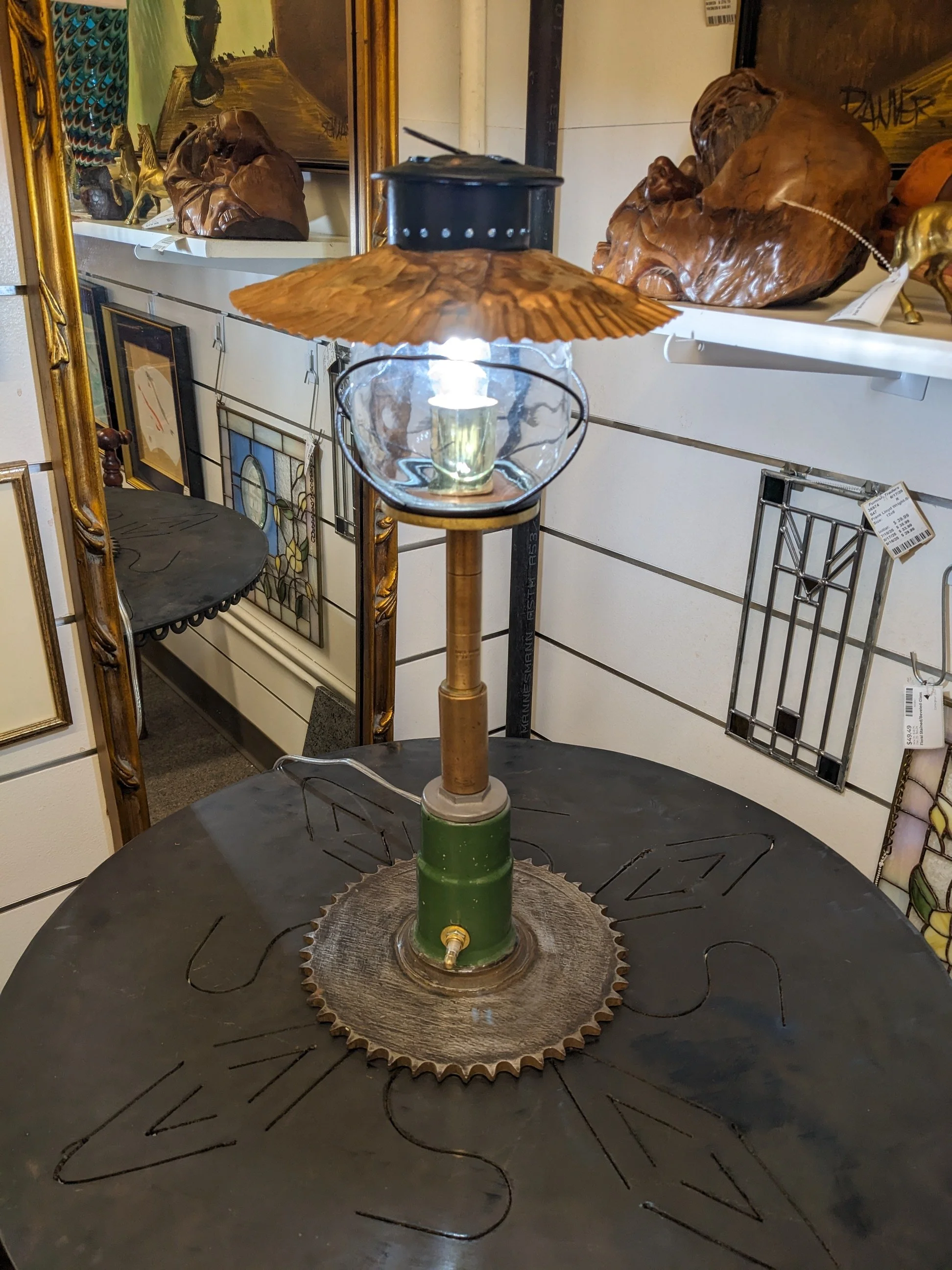 Repurposed Sprocket Table Lamp Green Base