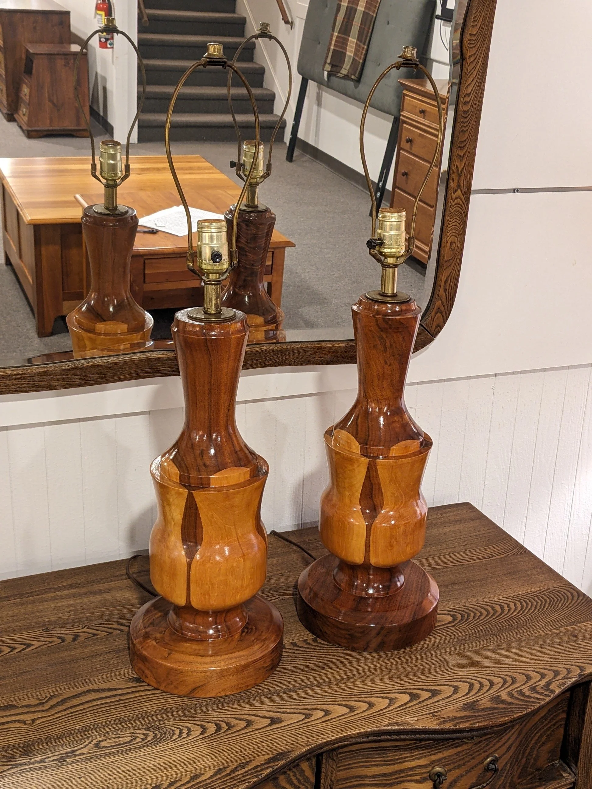 Pair MCM Wood Turned Table Lamps