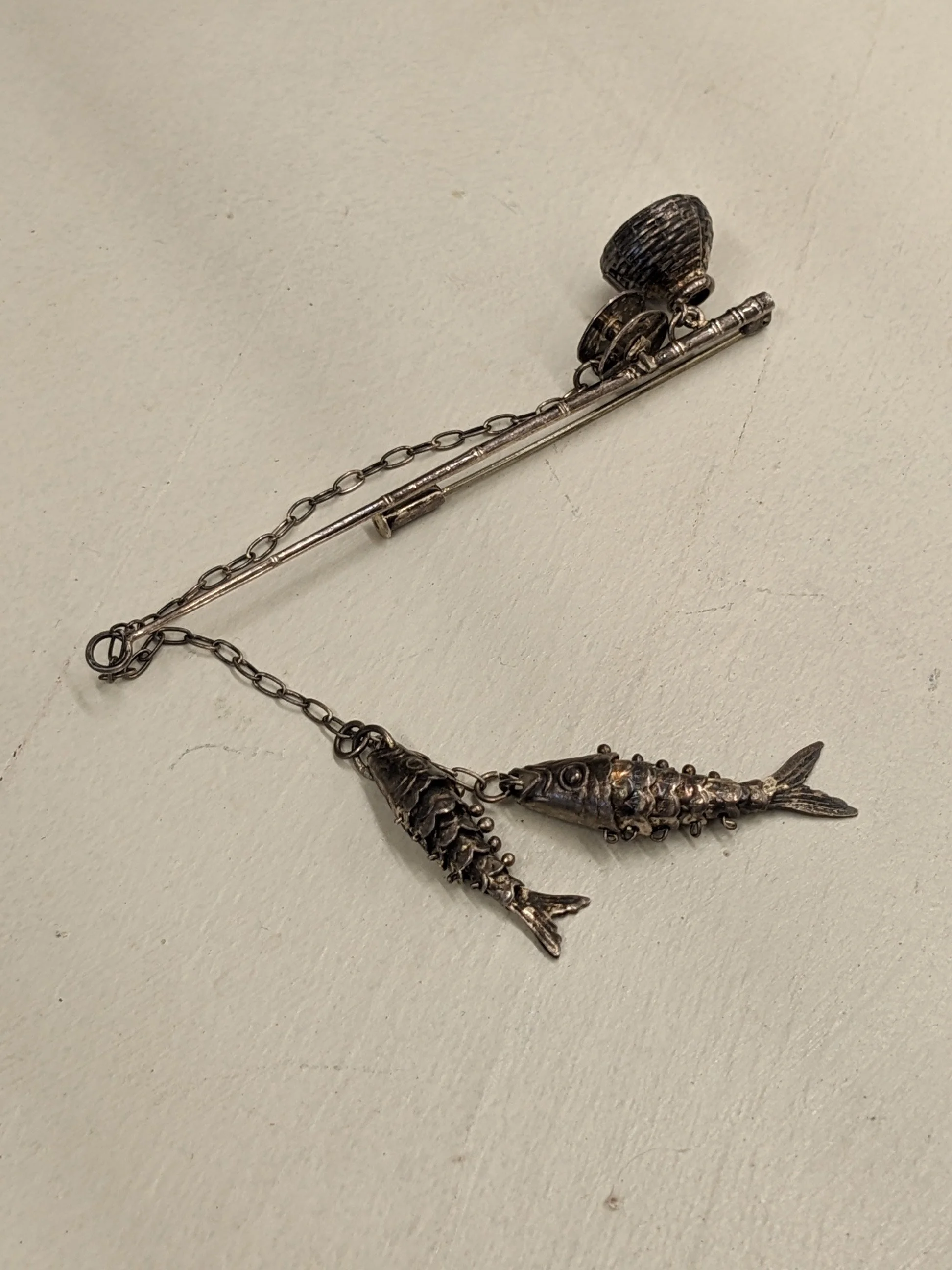 Vintage Silver Articulated Fishing Pole Pin