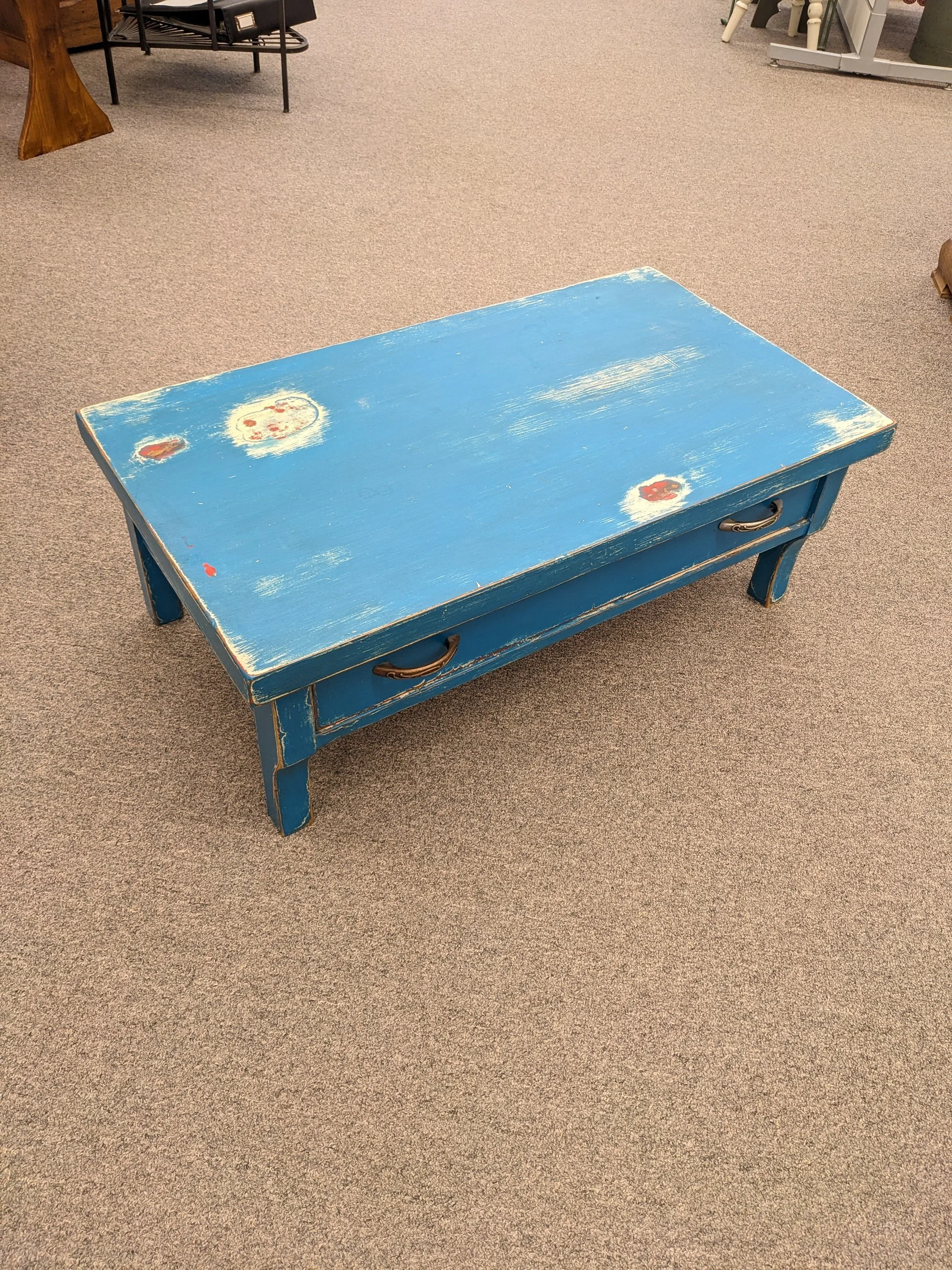 Distressed Turquoise Table with Drawer