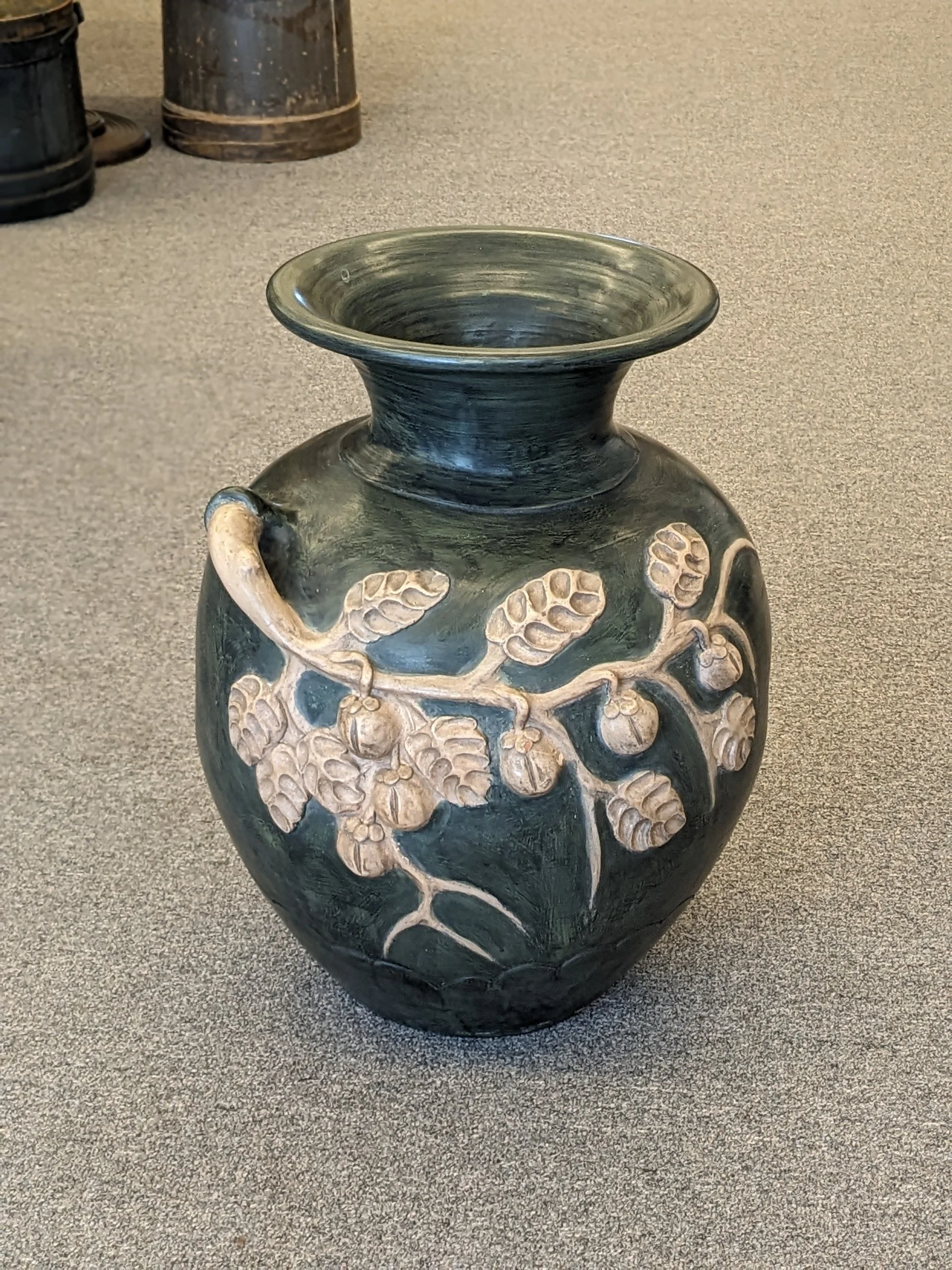 Large Raised-Vine Relief Matte Pottery Vase