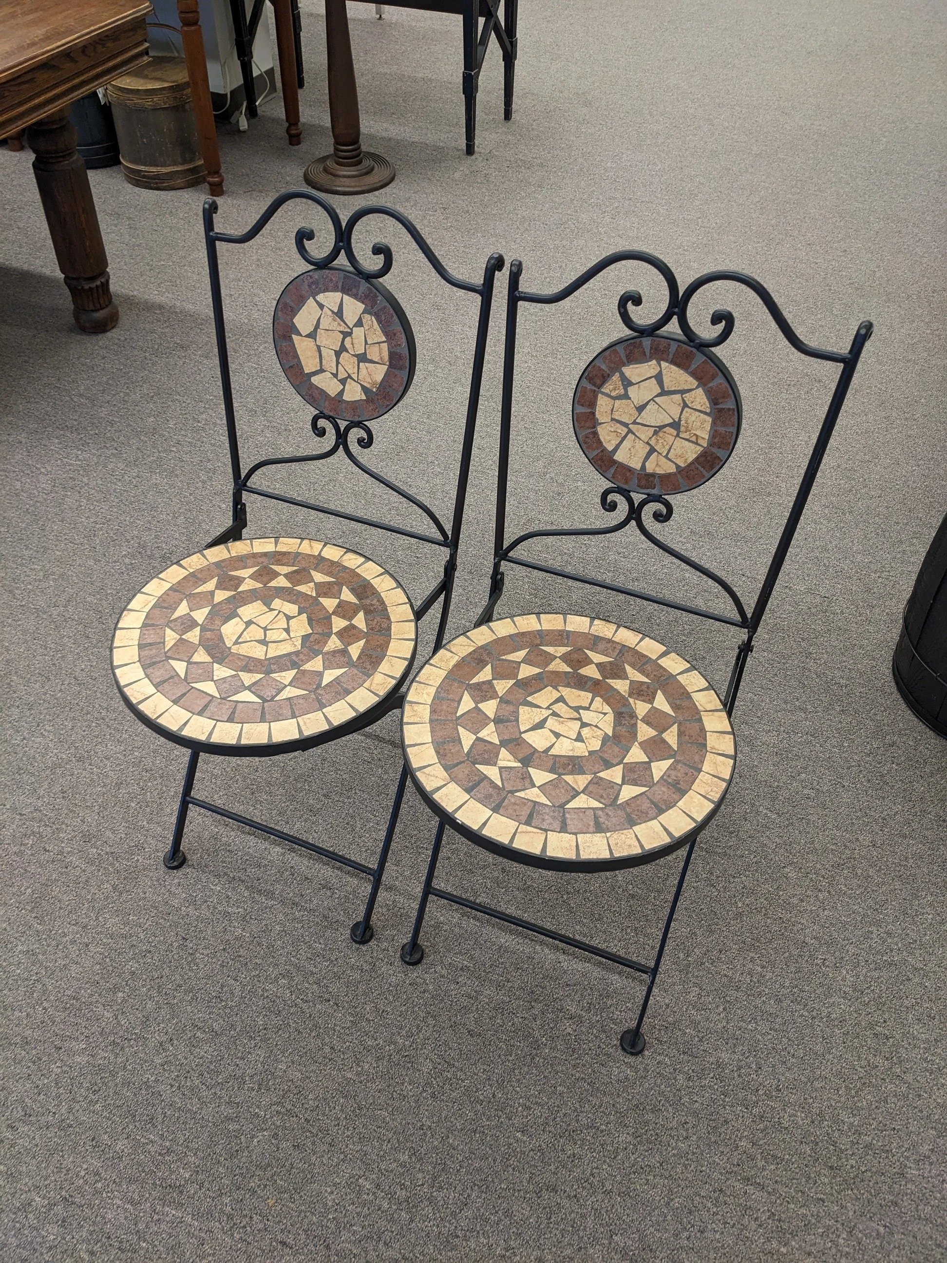 Pair of Wrought Iron Tile-Top Patio Chairs