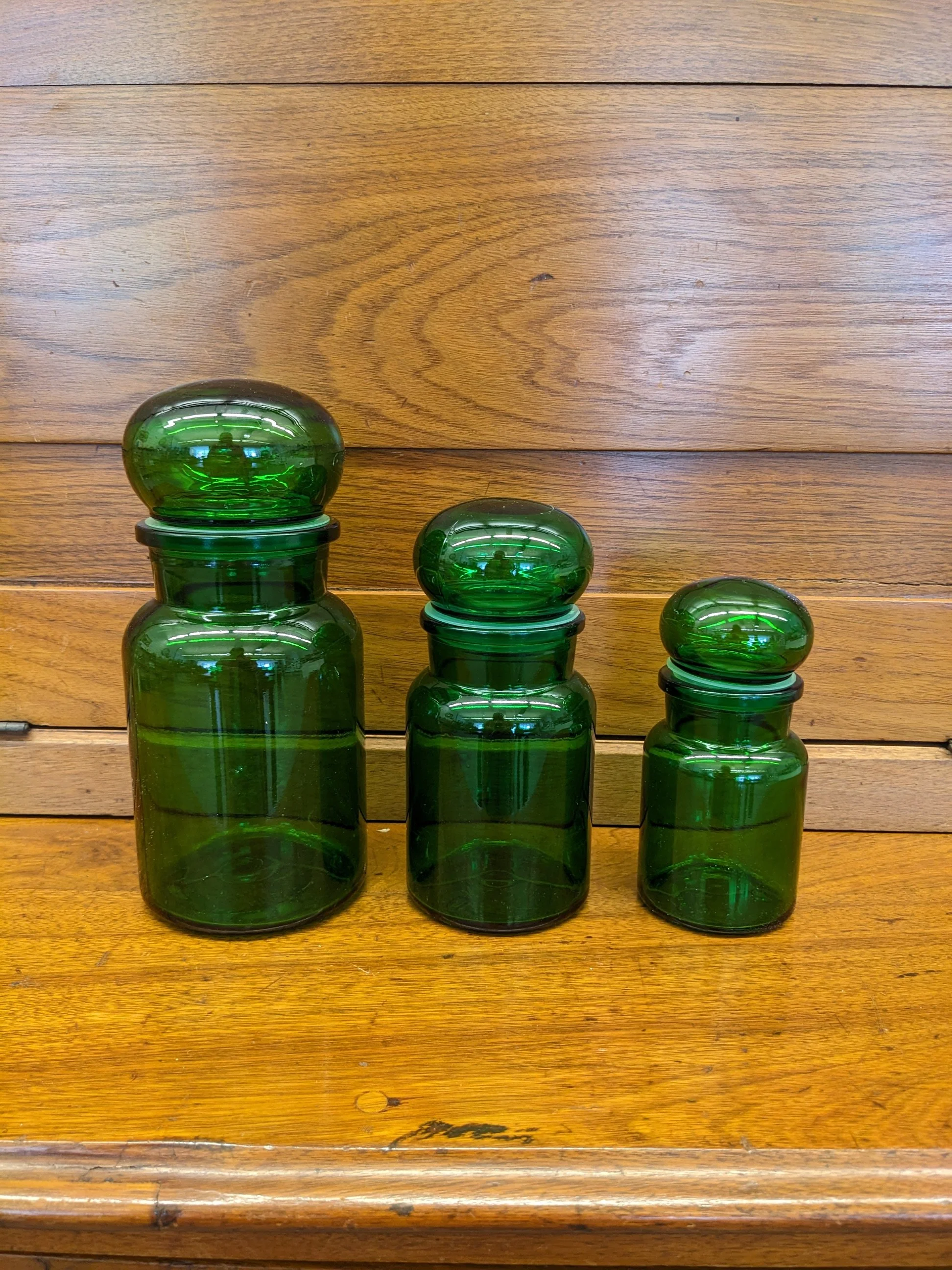 Set (3) Belgian Green Glass Apothecary Jars