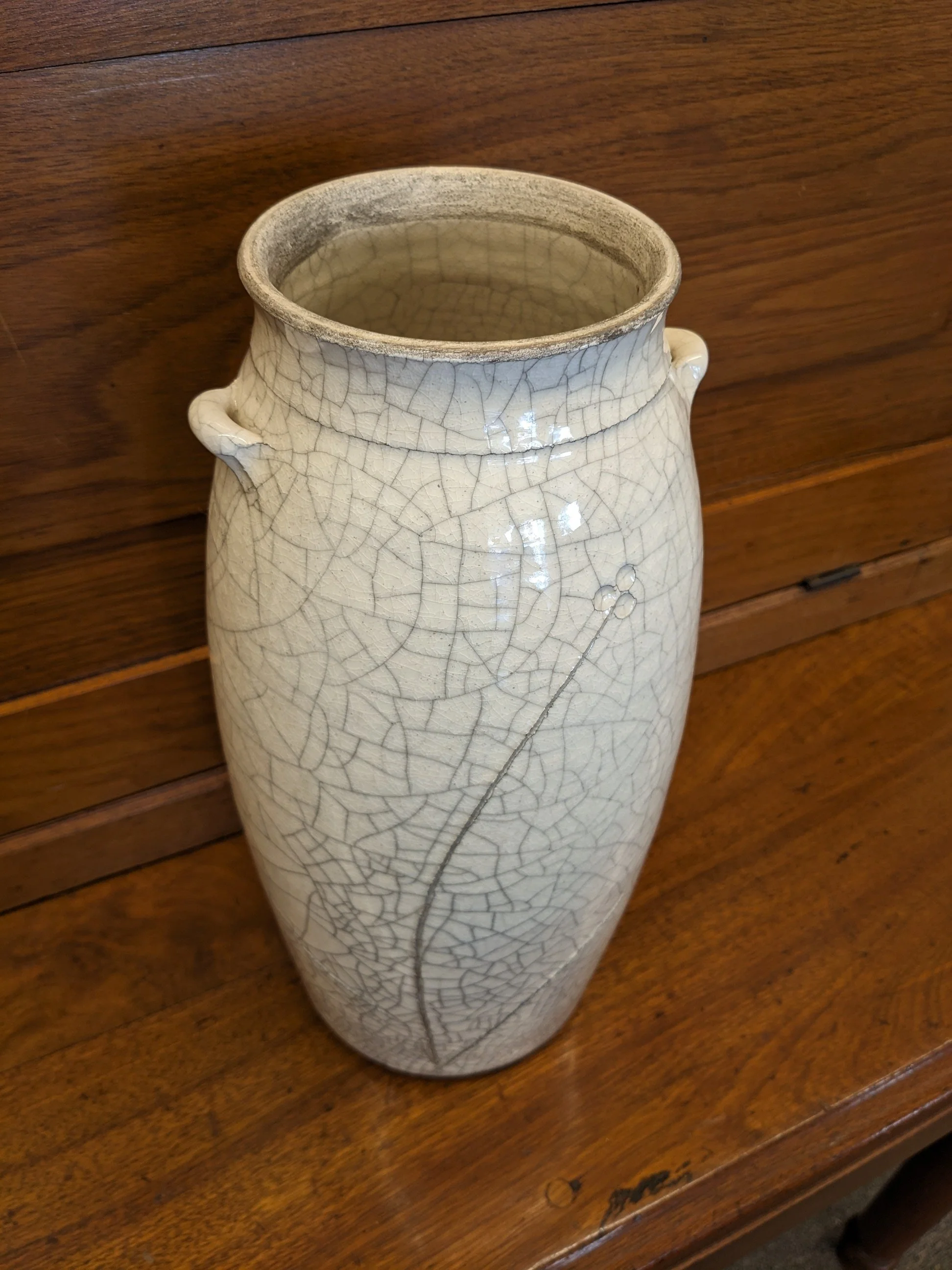 Signed Raku White Crackle Vase