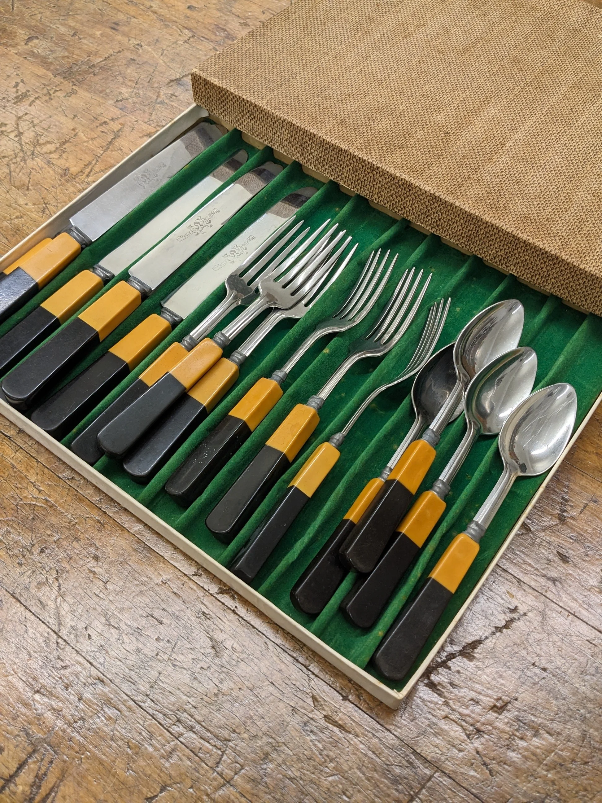 Art Deco Butterscotch/Black Bakelite Flatware