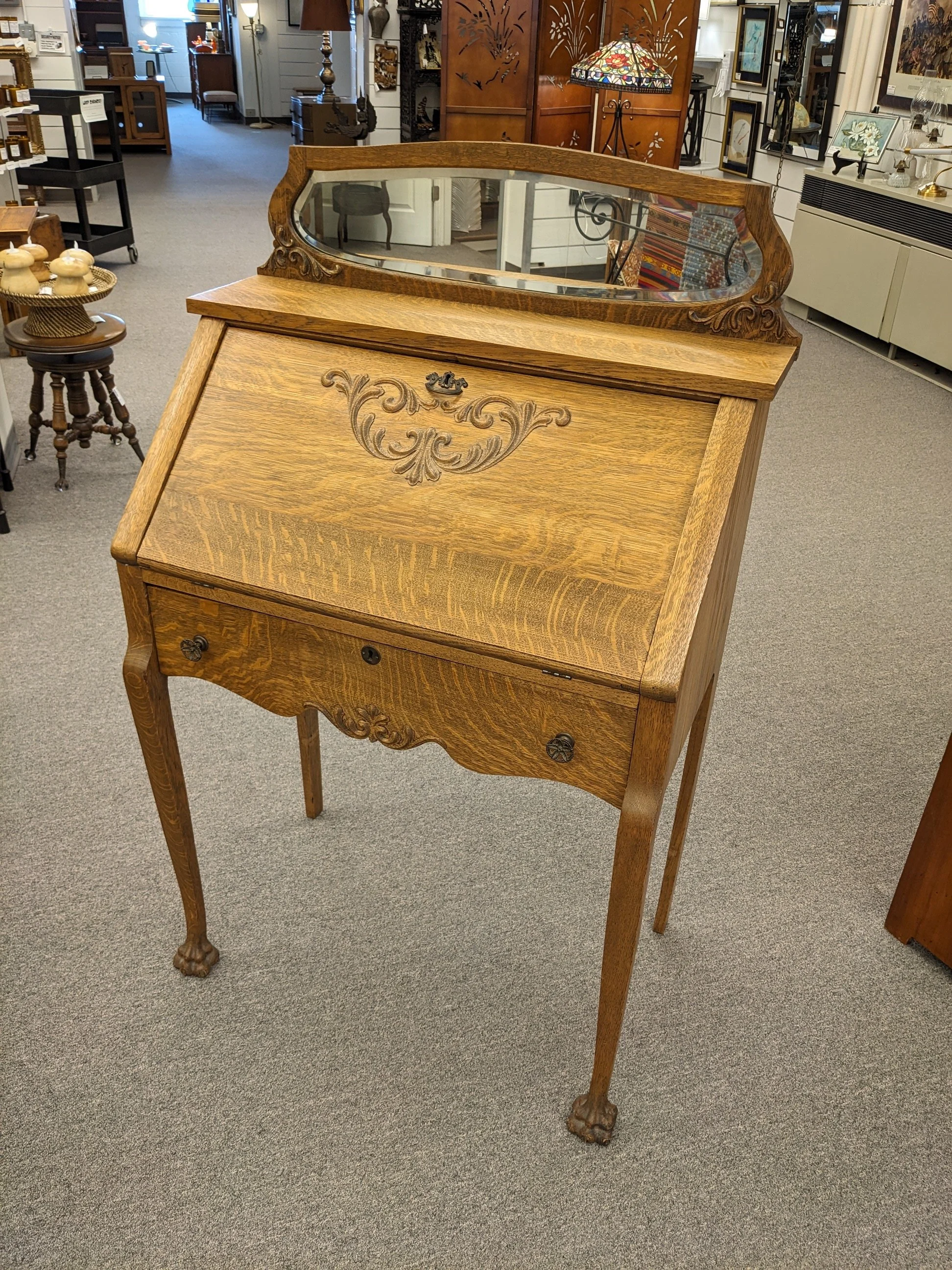 Tiger Oak Slant-Front Secretary Desk w/Mirror