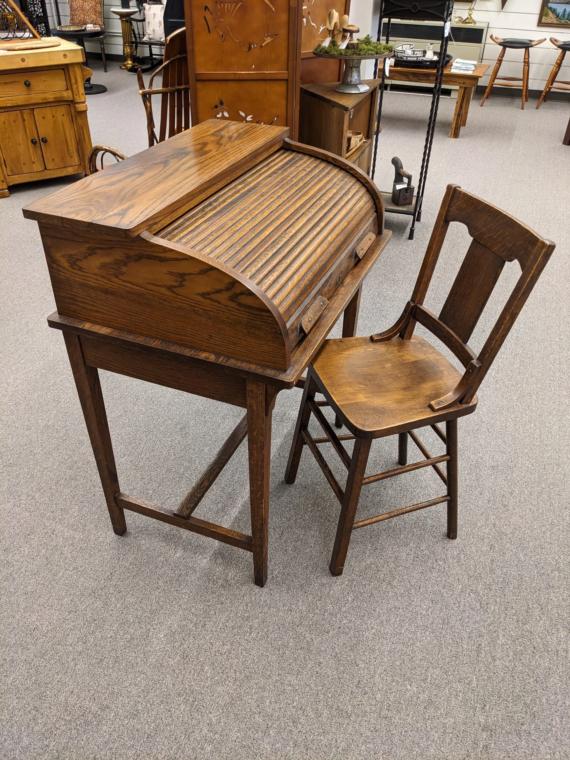 2Pc Antique Petite Rolltop Desk &amp; Chair