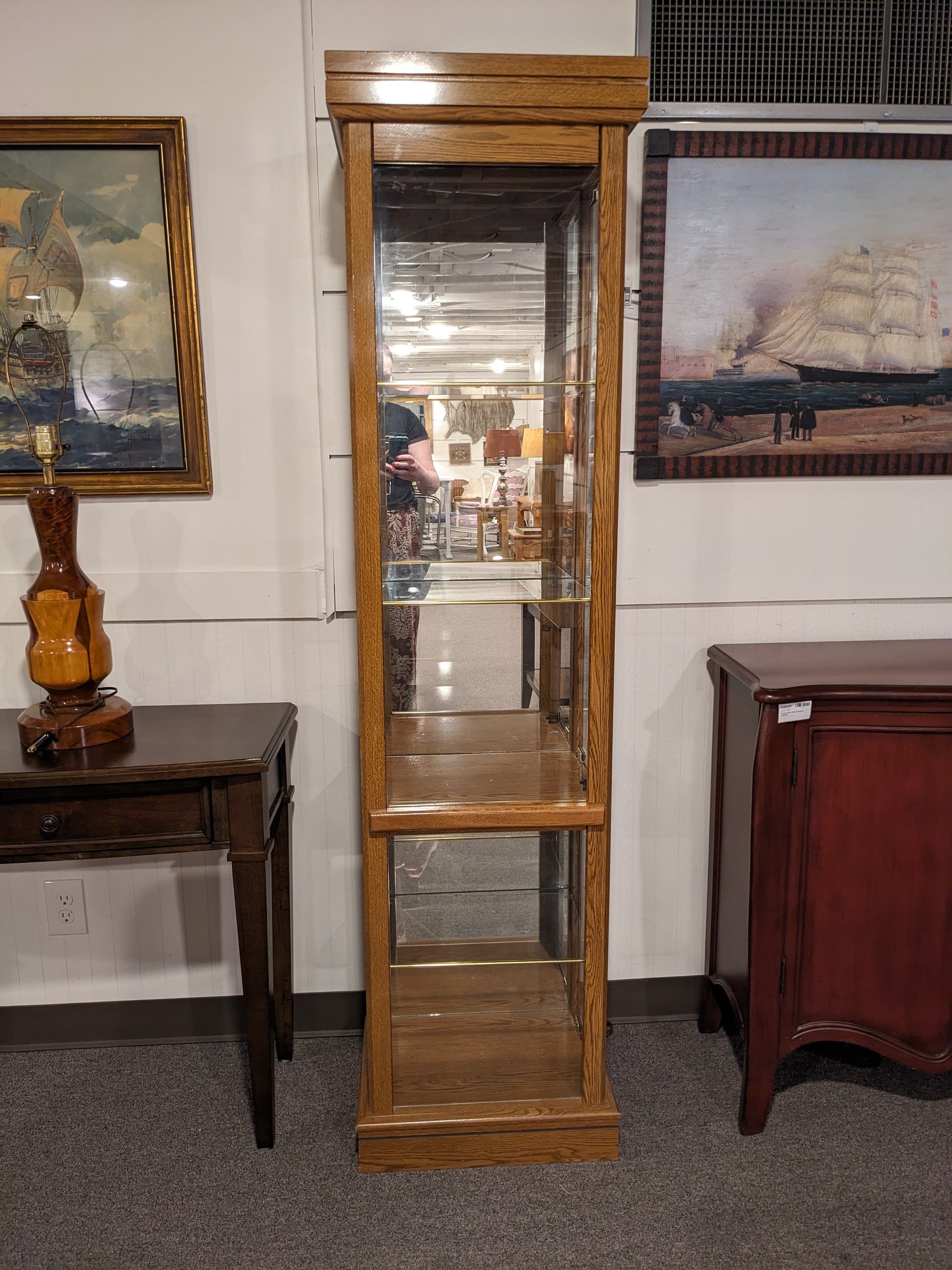 Narrow Lighted Oak Display Cabinet