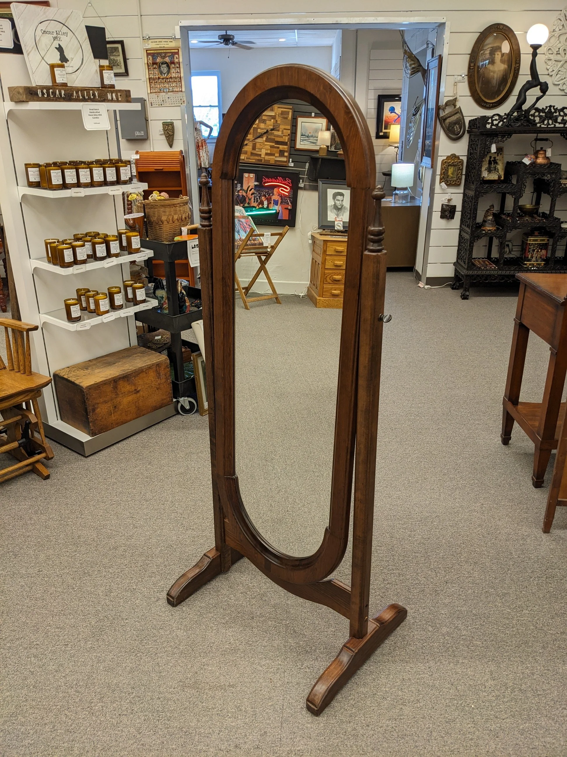 Vtg. Oval Wood Cheval Floor Mirror
