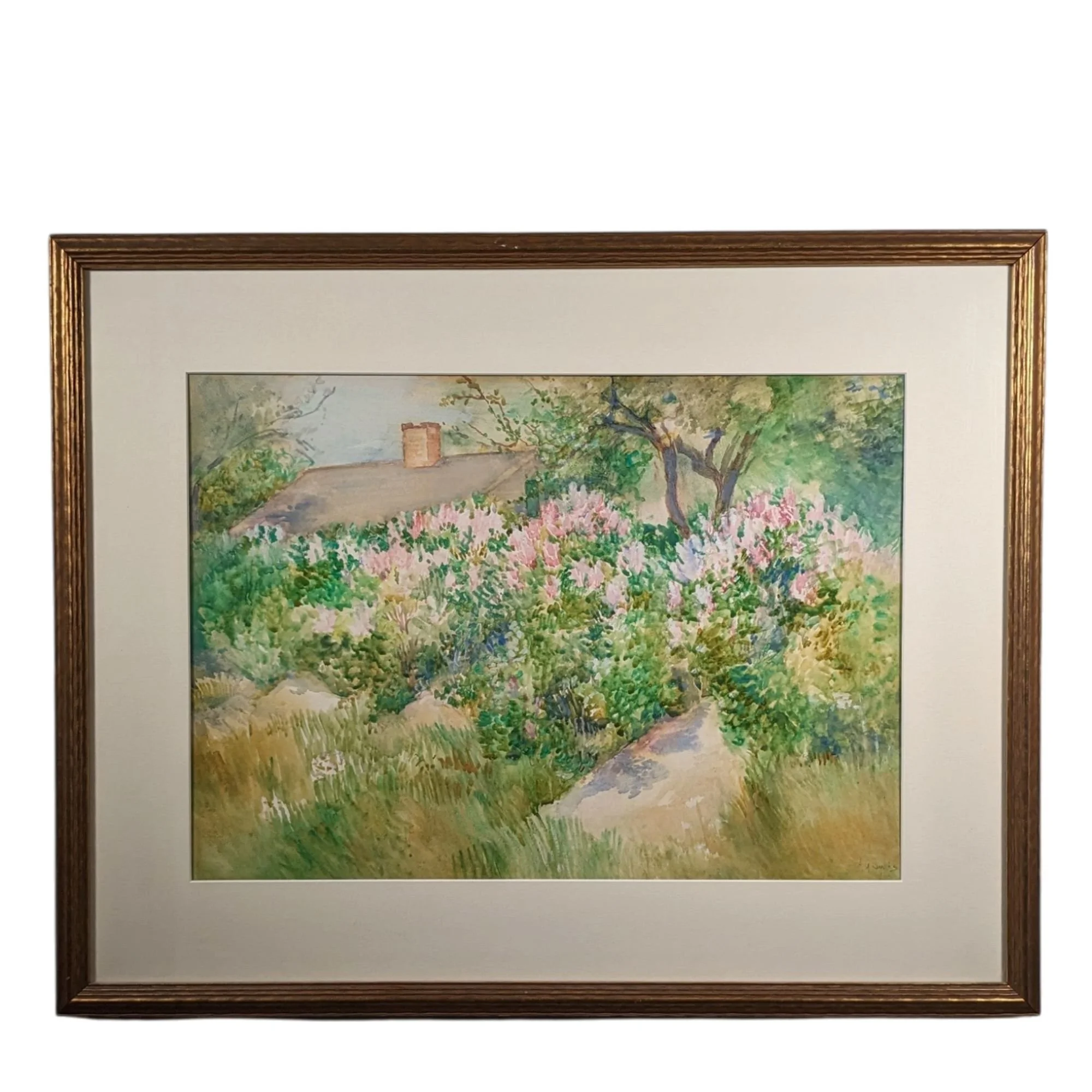 Signed Cottage Garden Watercolor Painting